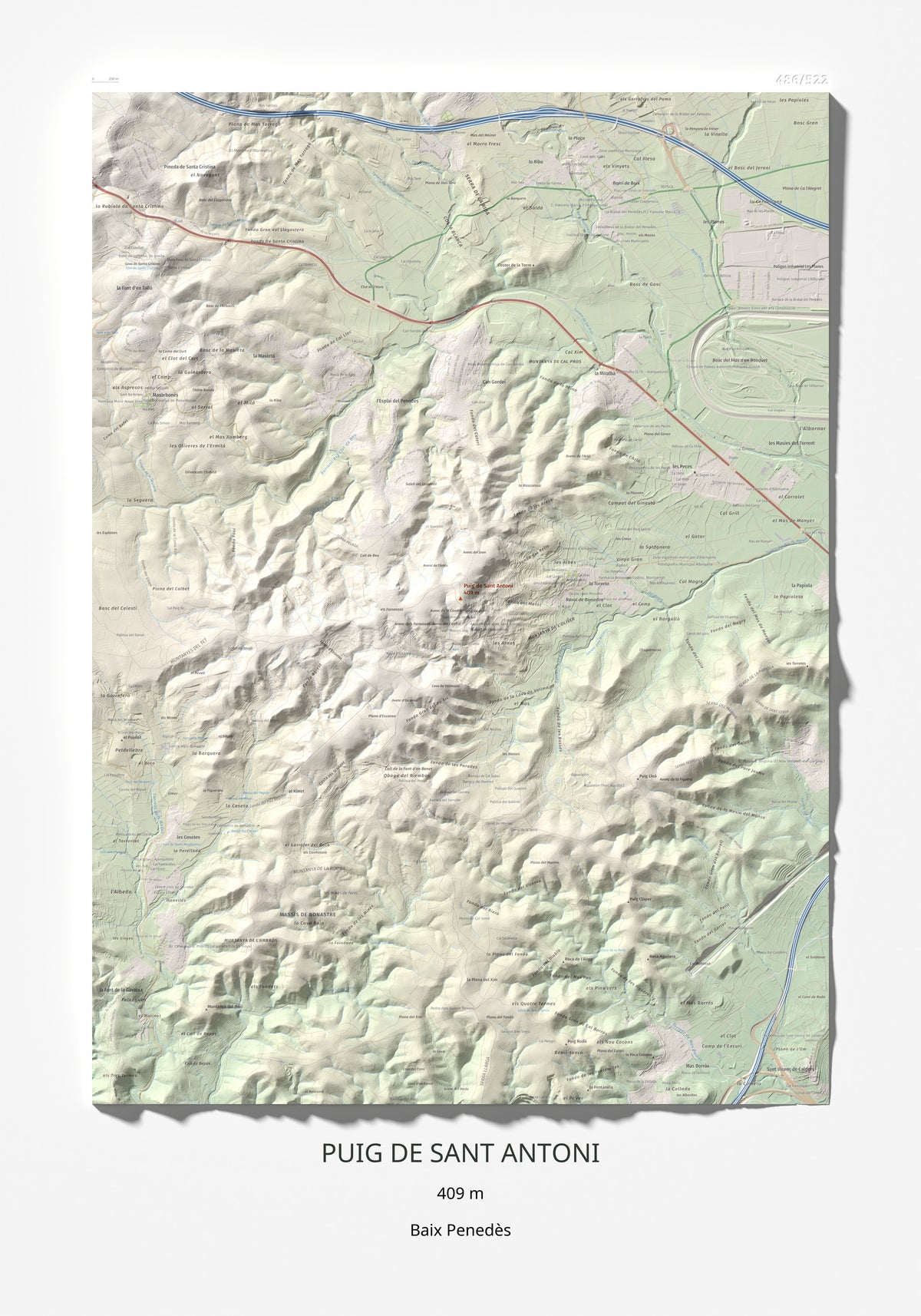 Mapa de relieve de Puig de Sant Antoni, 409 m, Baix Penedès, lámina 100 Cims de Trobart 70 × 100 cm.
