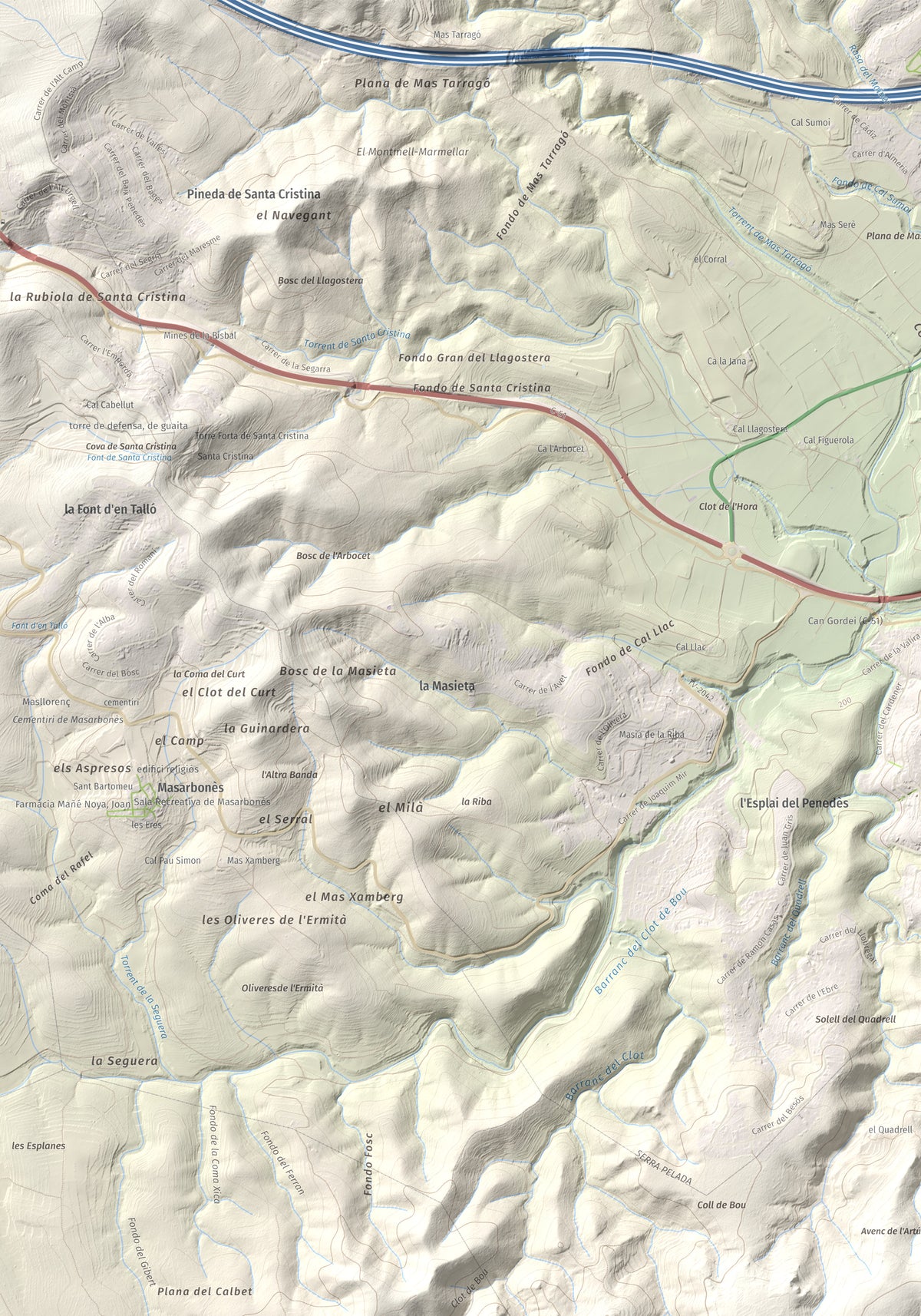 Mapa de relieve de Puig de Sant Antoni, 409 m, Baix Penedès, lámina 100 Cims de Trobart. Detalle de la zona superior izquierda. 70 × 100 cm.