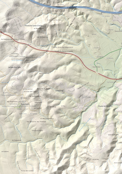 Mapa de relieve de Puig de Sant Antoni, 409 m, Baix Penedès, lámina 100 Cims de Trobart. Detalle de la zona superior izquierda. 70 × 100 cm.