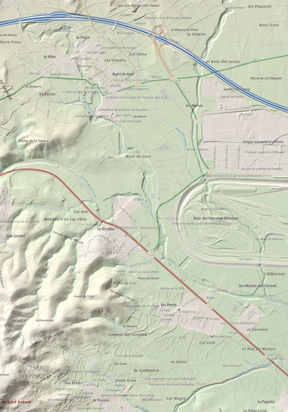 Mapa de relieve de Puig de Sant Antoni, 409 m, Baix Penedès, lámina 100 Cims de Trobart. Detalle de la zona superior derecha. 70 × 100 cm.
