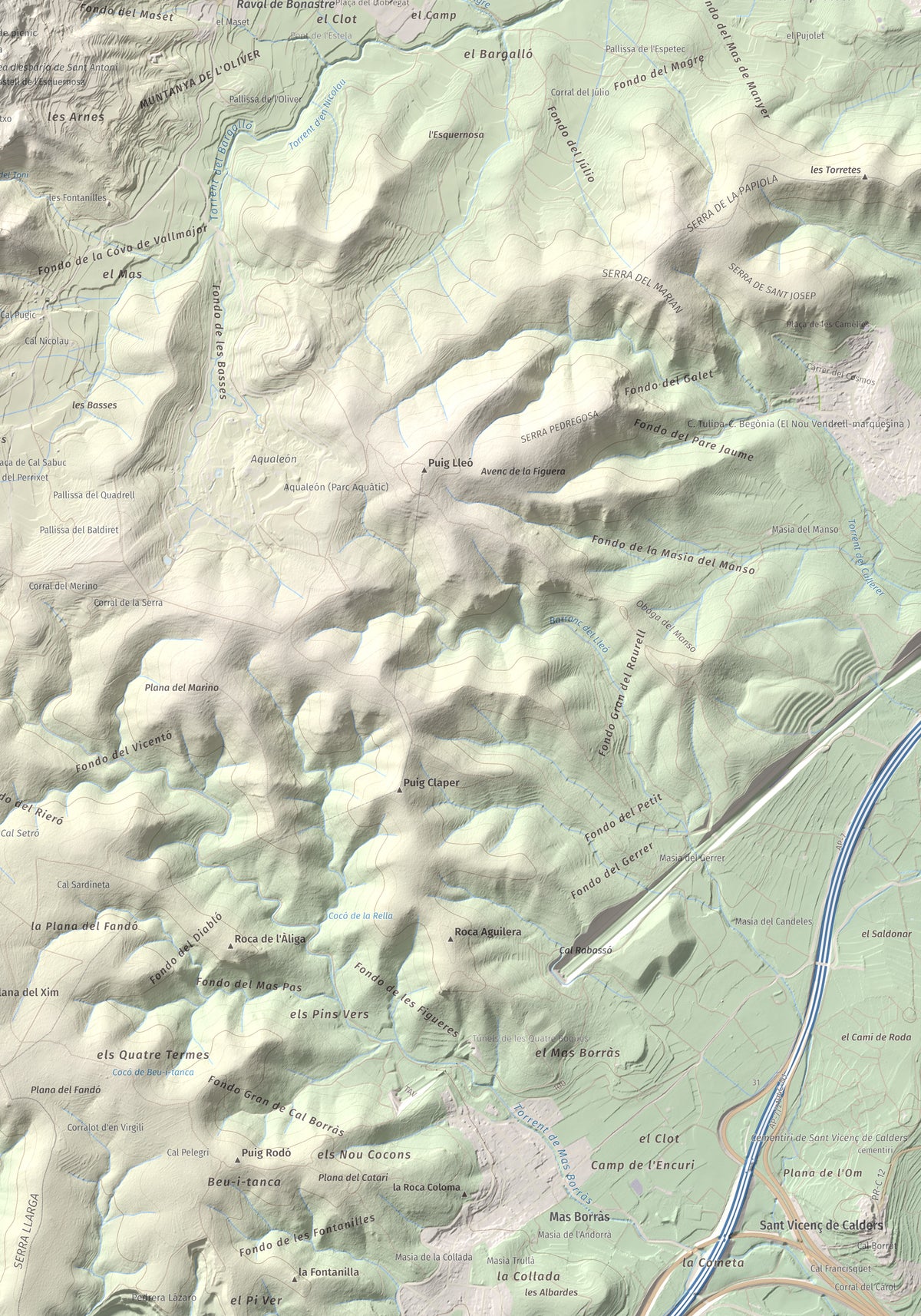 Mapa de relieve de Puig de Sant Antoni, 409 m, Baix Penedès, lámina 100 Cims de Trobart. Detalle de la zona inferior derecha. 70 × 100 cm.