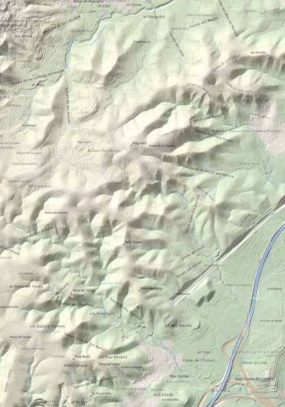 Mapa de relieve de Puig de Sant Antoni, 409 m, Baix Penedès, lámina 100 Cims de Trobart. Detalle de la zona inferior derecha. 70 × 100 cm.