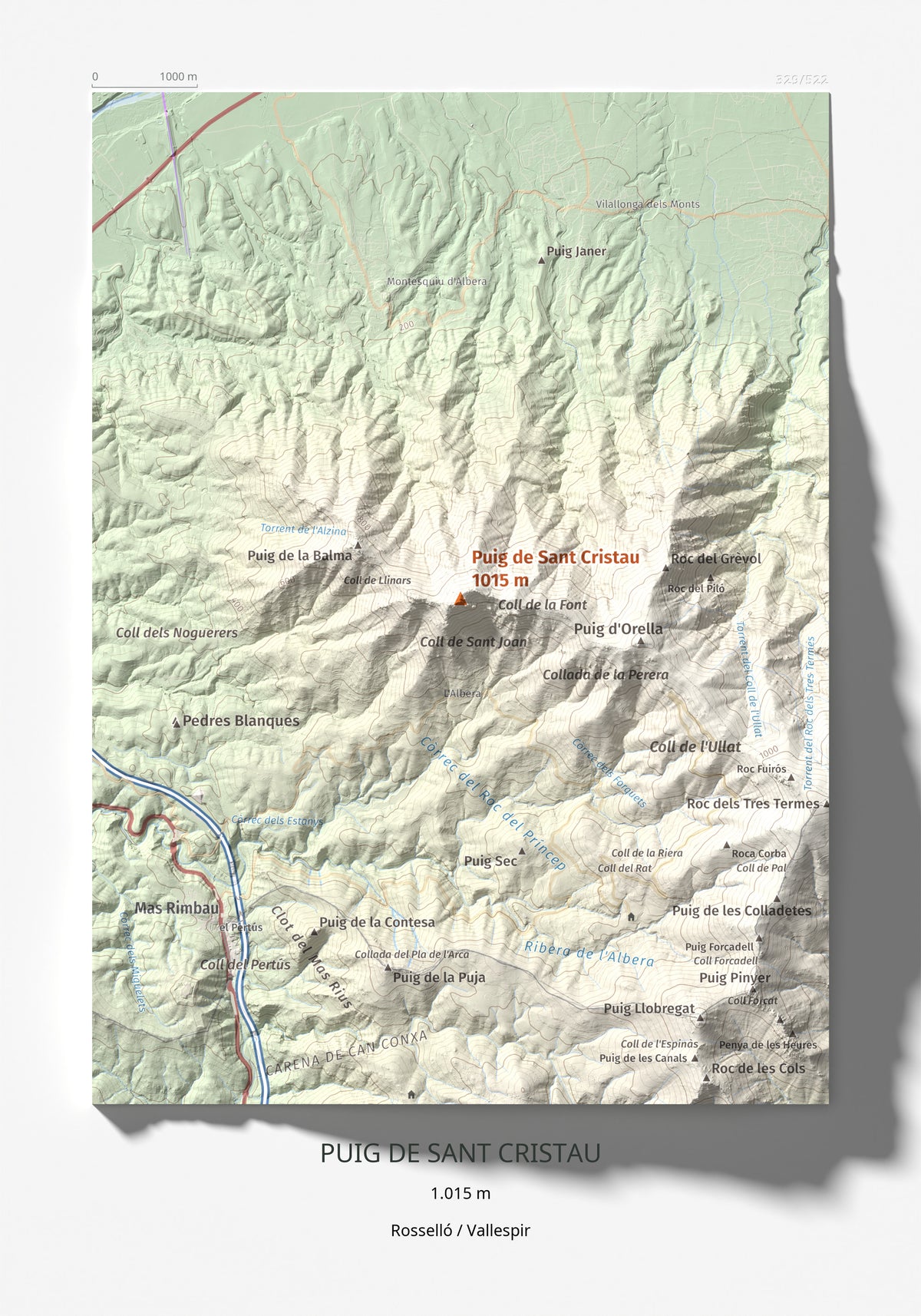 Mapa de relieve de Puig de Sant Cristau, 1015 m, Rosselló · Vallespir, lámina 100 Cims de Trobart 21 × 30 cm.
