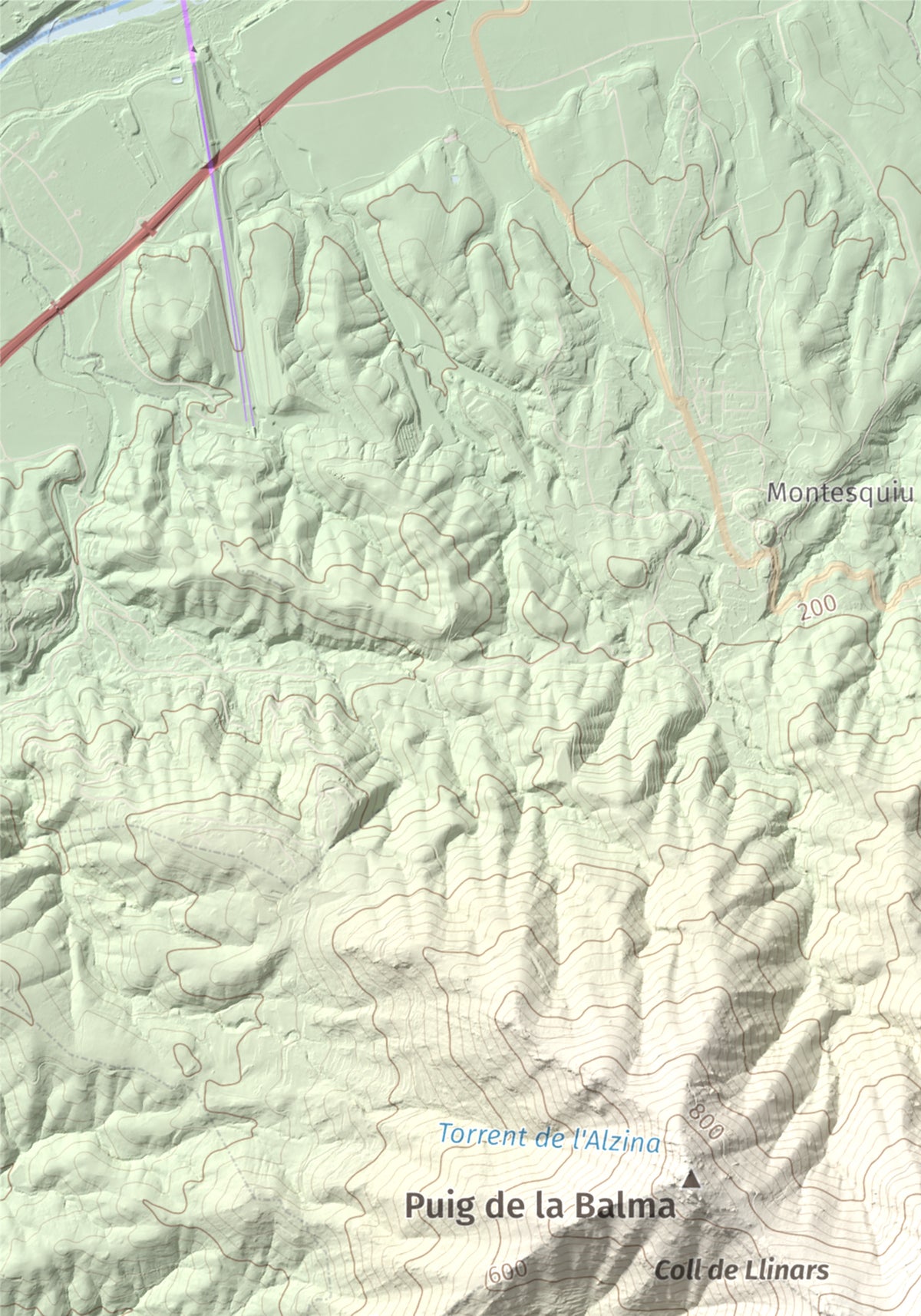 Mapa de relieve de Puig de Sant Cristau, 1015 m, Rosselló · Vallespir, lámina 100 Cims de Trobart. Detalle de la zona superior izquierda. 21 × 30 cm.