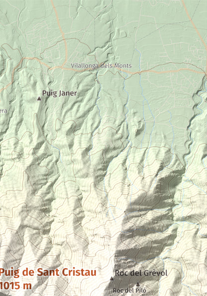 Mapa de relieve de Puig de Sant Cristau, 1015 m, Rosselló · Vallespir, lámina 100 Cims de Trobart. Detalle de la zona superior derecha. 21 × 30 cm.