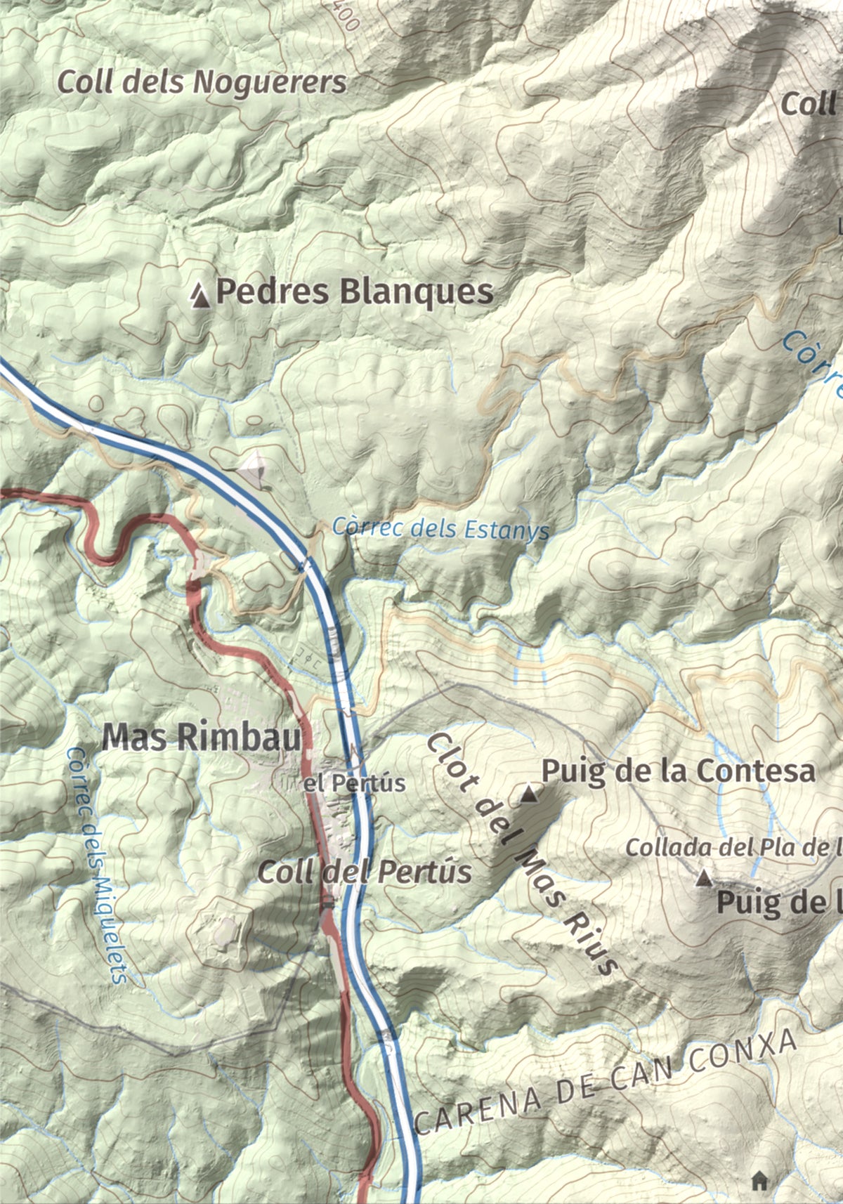 Mapa de relieve de Puig de Sant Cristau, 1015 m, Rosselló · Vallespir, lámina 100 Cims de Trobart. Detalle de la zona inferior izquierda. 21 × 30 cm.