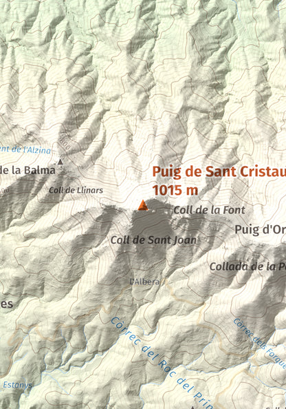 Mapa de relieve de Puig de Sant Cristau, 1015 m, Rosselló · Vallespir, lámina 100 Cims de Trobart. Detalle de la zona central. 21 × 30 cm.