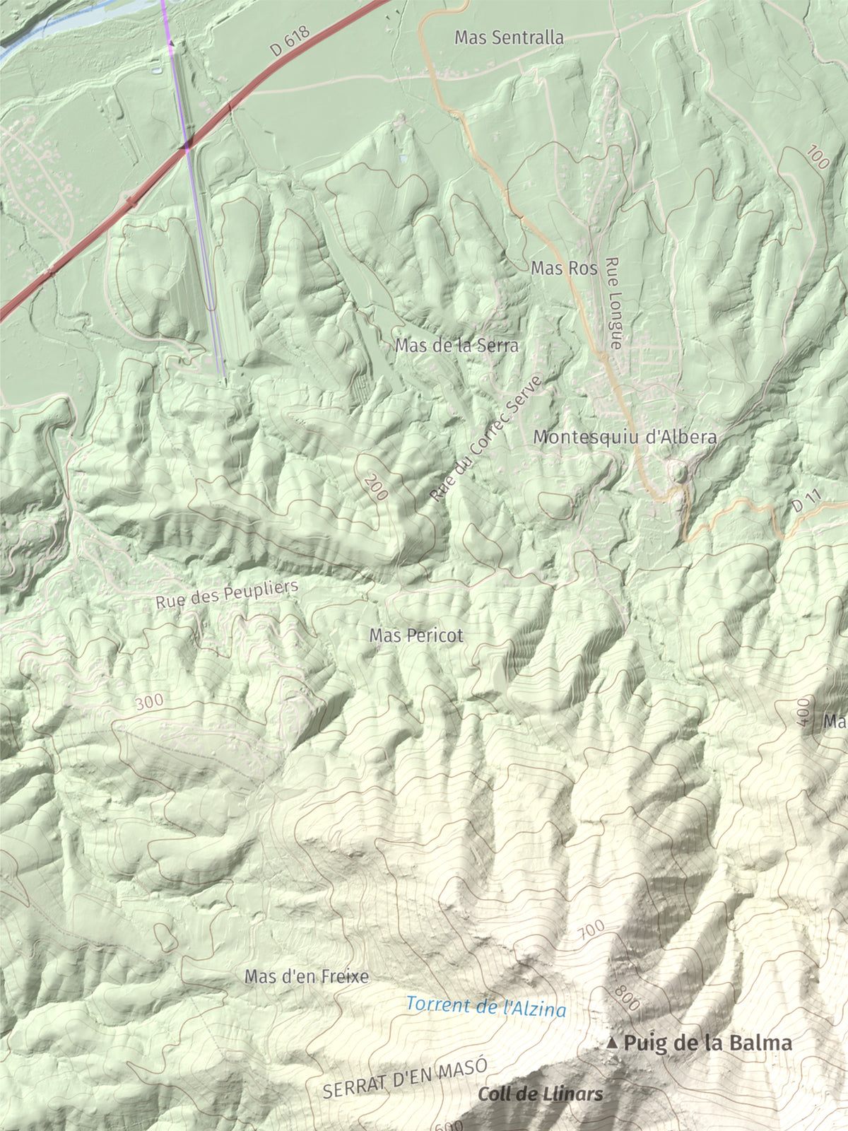 Mapa de relieve de Puig de Sant Cristau, 1015 m, Rosselló · Vallespir, lámina 100 Cims de Trobart. Detalle de la zona superior izquierda. 30 × 40 cm.
