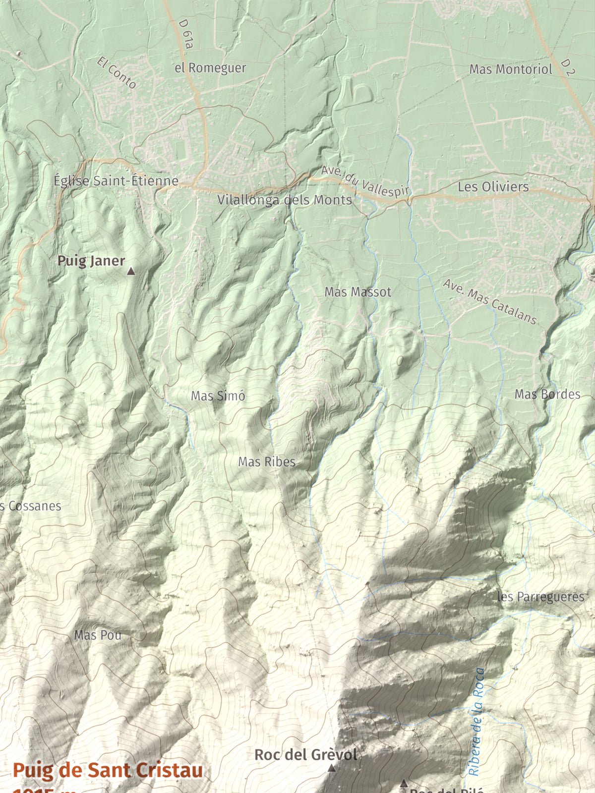 Mapa de relieve de Puig de Sant Cristau, 1015 m, Rosselló · Vallespir, lámina 100 Cims de Trobart. Detalle de la zona superior derecha. 30 × 40 cm.