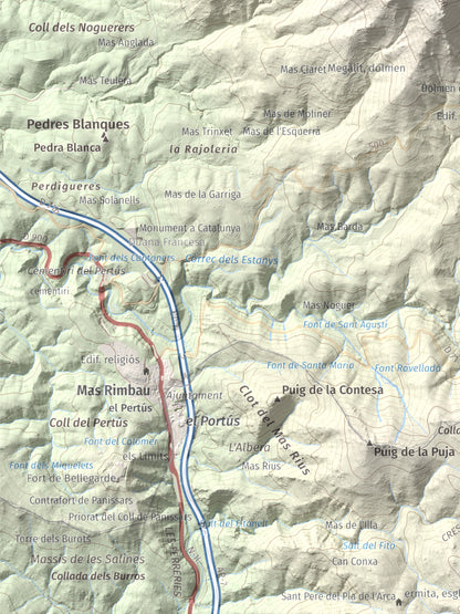 Mapa de relieve de Puig de Sant Cristau, 1015 m, Rosselló · Vallespir, lámina 100 Cims de Trobart. Detalle de la zona inferior izquierda. 30 × 40 cm.