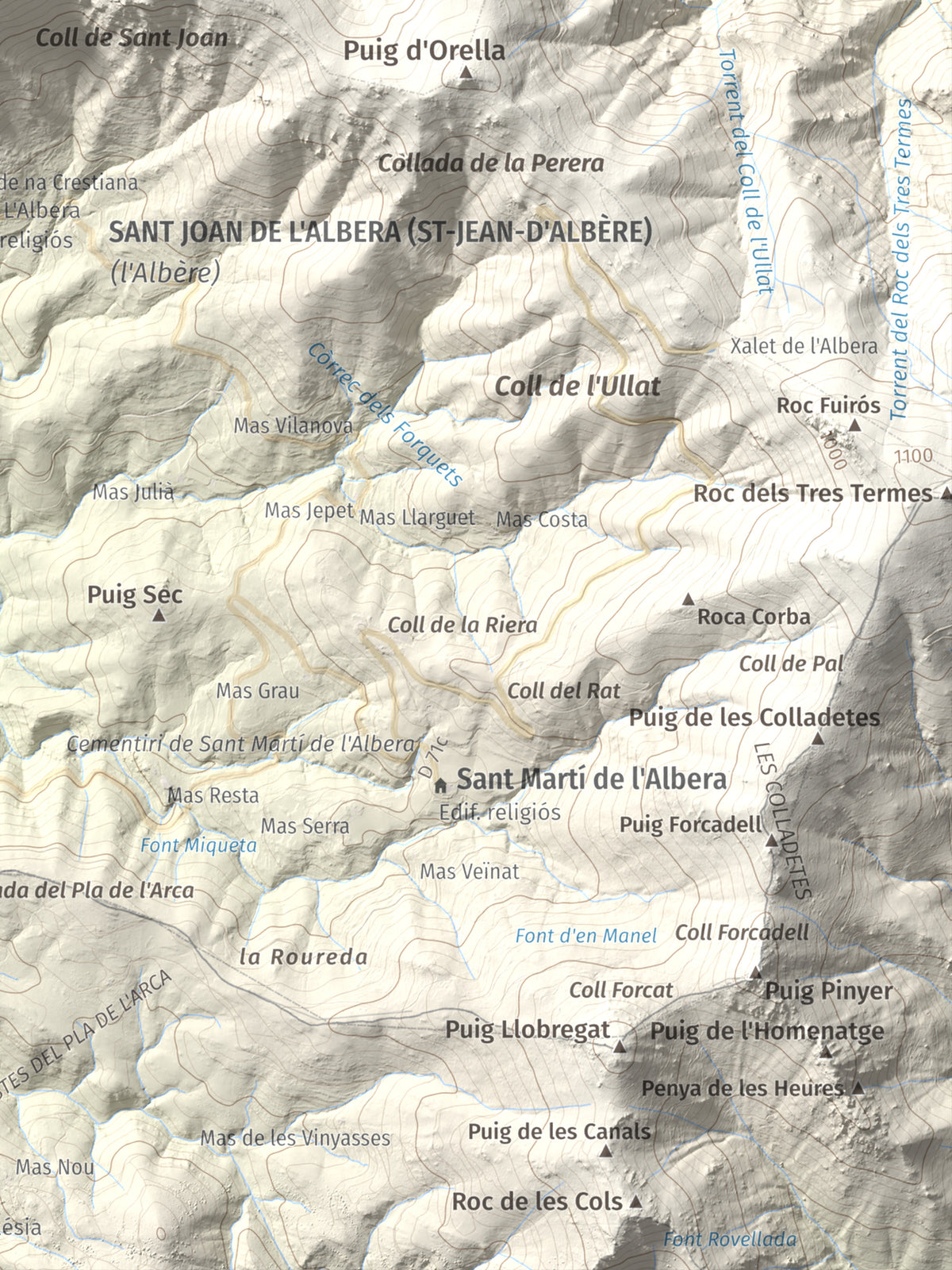 Mapa de relieve de Puig de Sant Cristau, 1015 m, Rosselló · Vallespir, lámina 100 Cims de Trobart. Detalle de la zona inferior derecha. 30 × 40 cm.