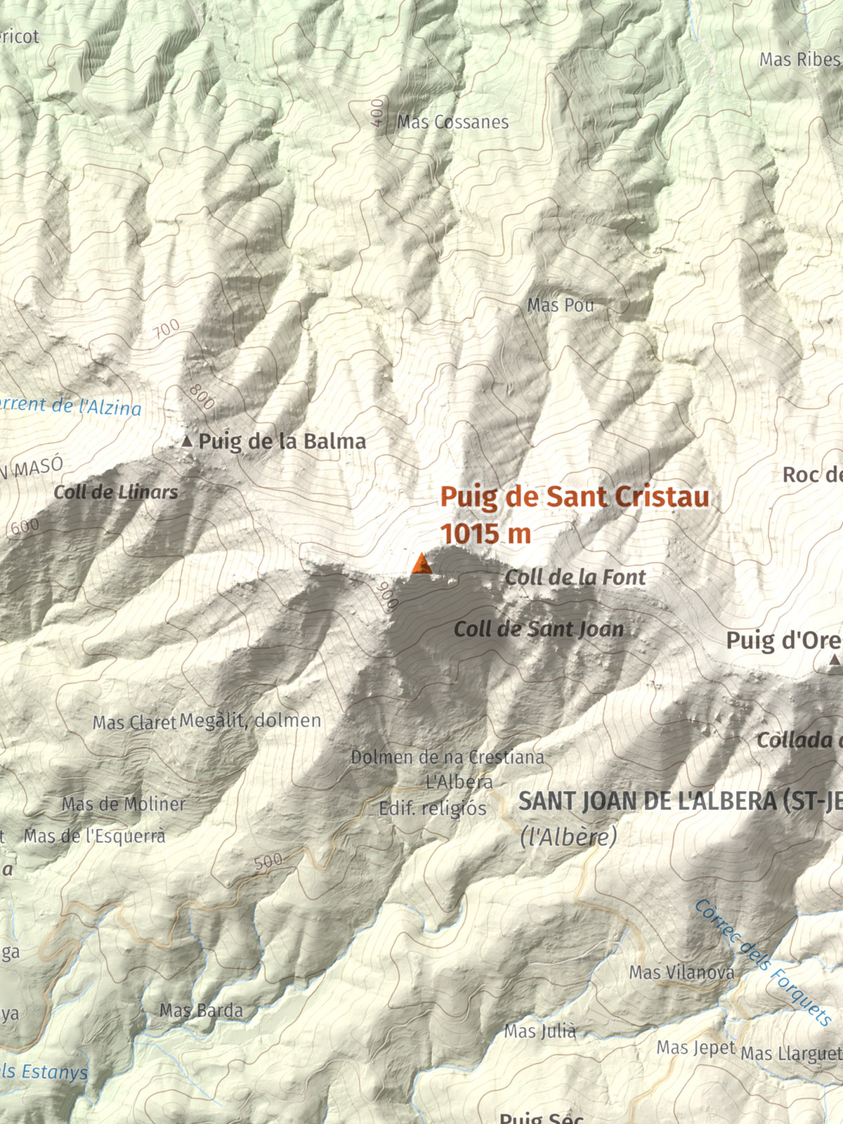 Mapa de relieve de Puig de Sant Cristau, 1015 m, Rosselló · Vallespir, lámina 100 Cims de Trobart. Detalle de la zona central. 30 × 40 cm.