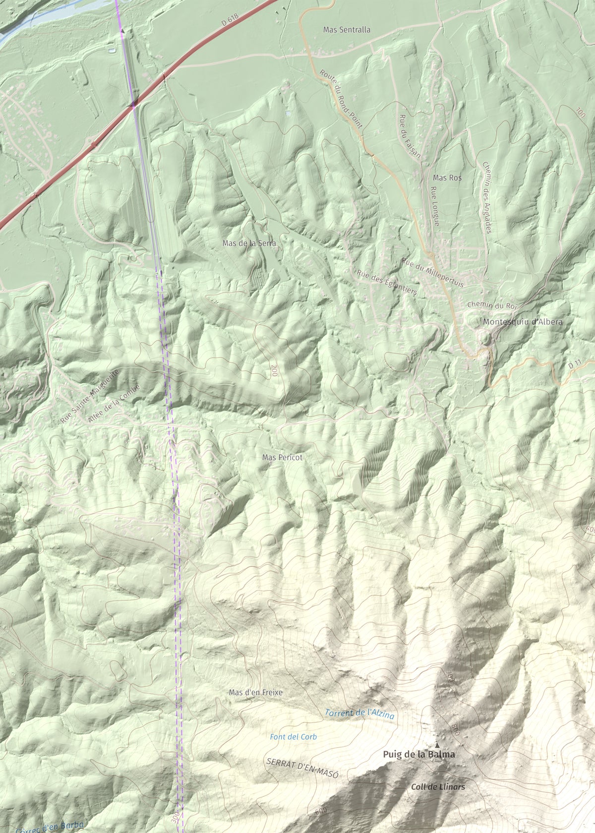 Mapa de relieve de Puig de Sant Cristau, 1015 m, Rosselló · Vallespir, lámina 100 Cims de Trobart. Detalle de la zona superior izquierda. 50 × 70 cm.