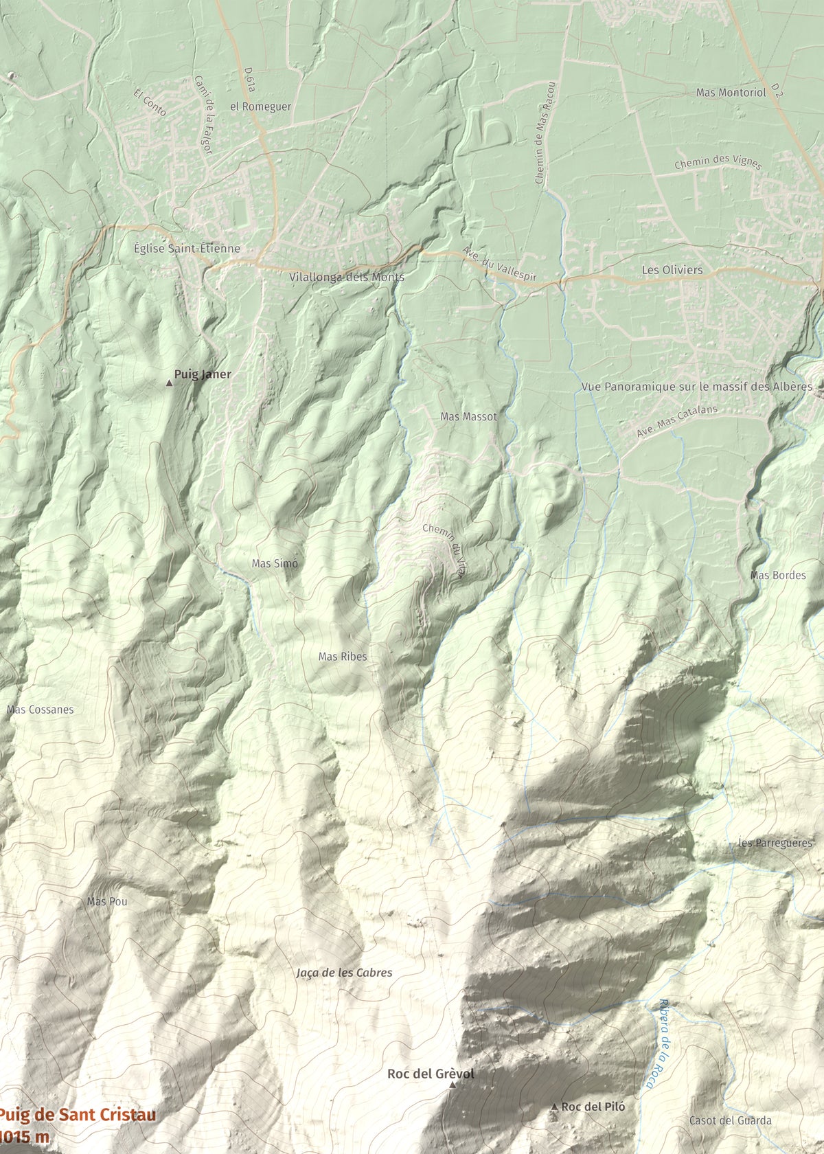 Mapa de relieve de Puig de Sant Cristau, 1015 m, Rosselló · Vallespir, lámina 100 Cims de Trobart. Detalle de la zona superior derecha. 50 × 70 cm.