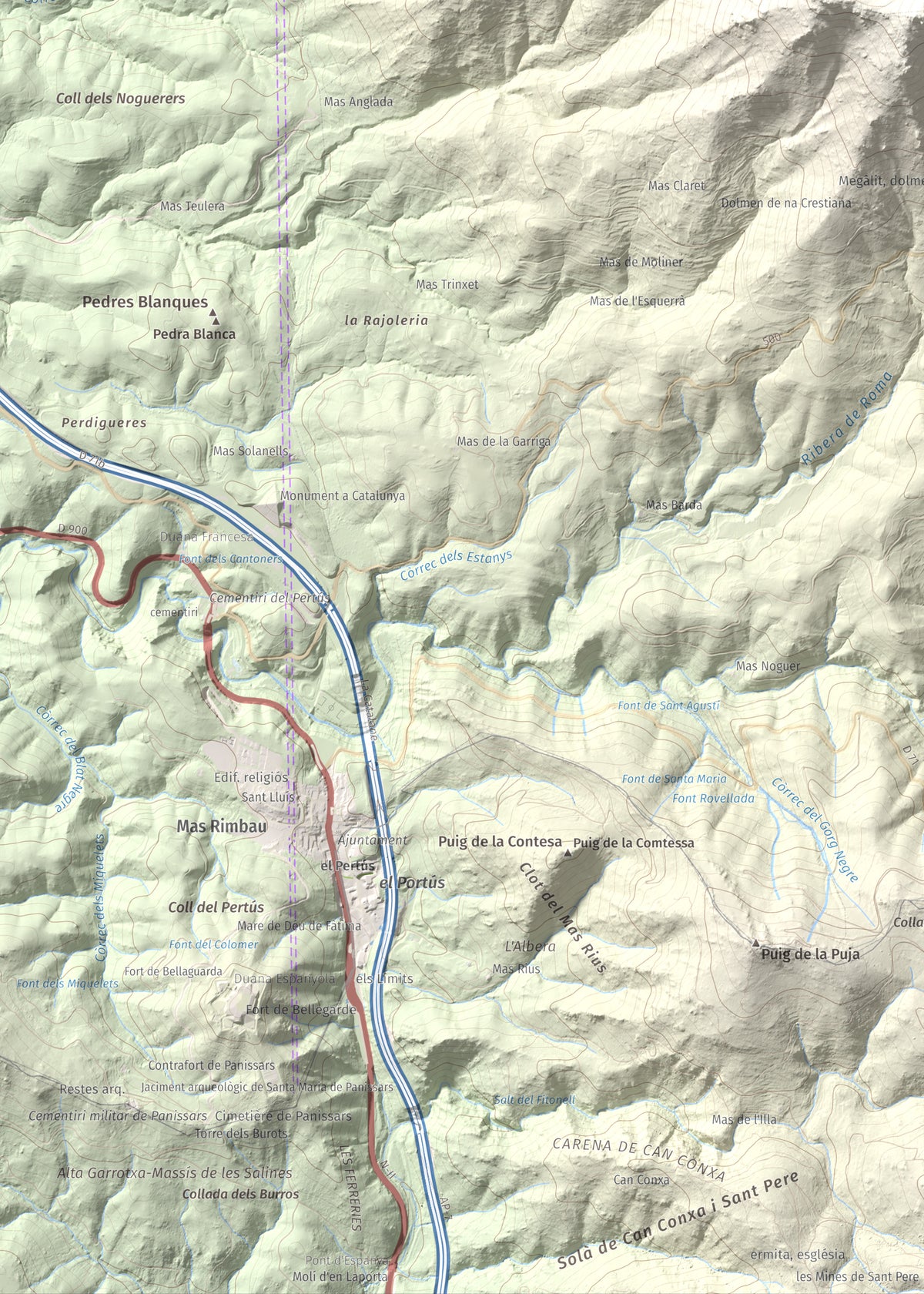 Mapa de relieve de Puig de Sant Cristau, 1015 m, Rosselló · Vallespir, lámina 100 Cims de Trobart. Detalle de la zona inferior izquierda. 50 × 70 cm.