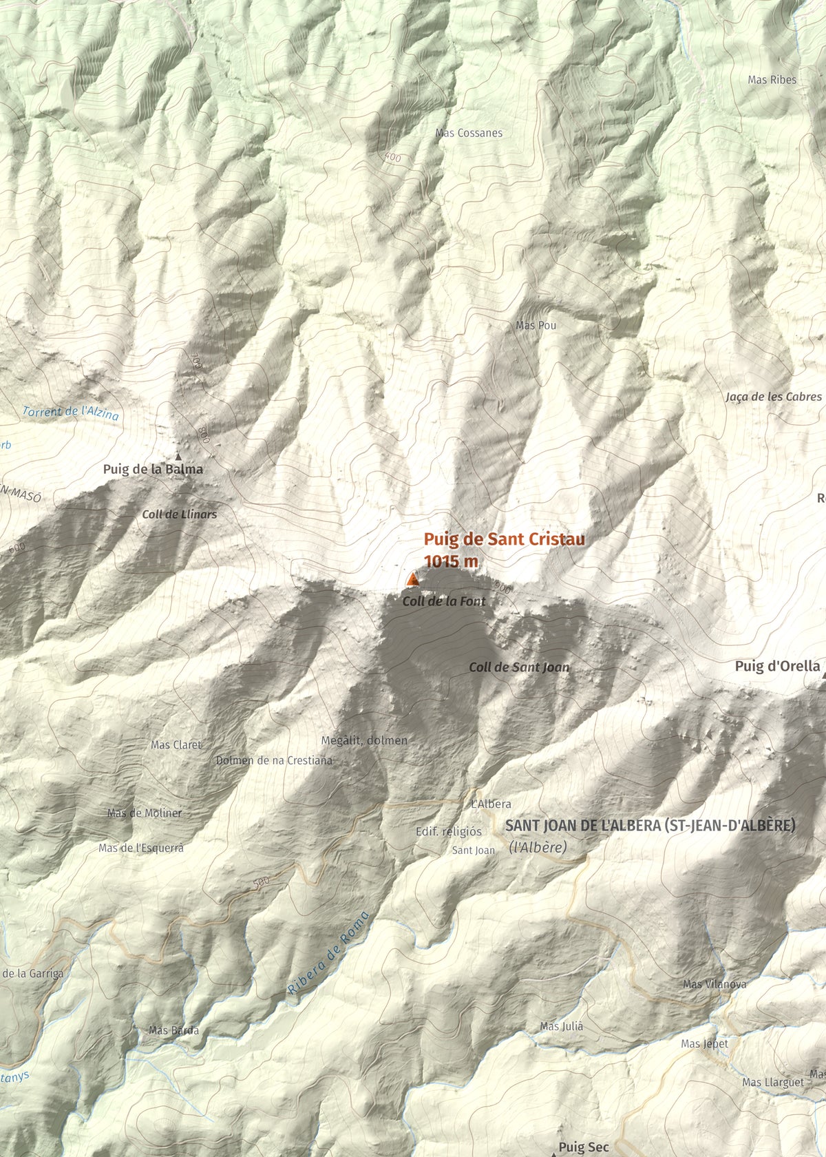 Mapa de relieve de Puig de Sant Cristau, 1015 m, Rosselló · Vallespir, lámina 100 Cims de Trobart. Detalle de la zona central. 50 × 70 cm.