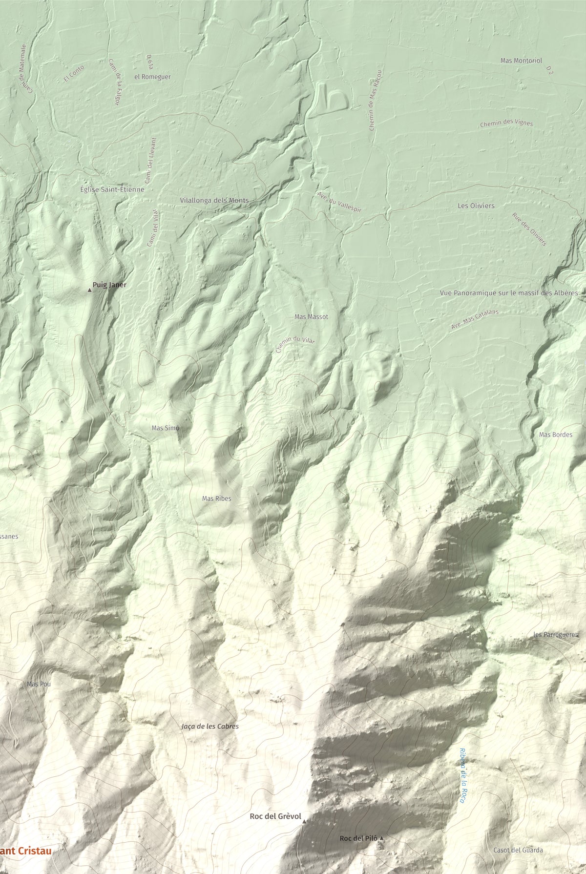 Mapa de relieve de Puig de Sant Cristau, 1015 m, Rosselló · Vallespir, lámina 100 Cims de Trobart. Detalle de la zona superior derecha. 61 × 91 cm.
