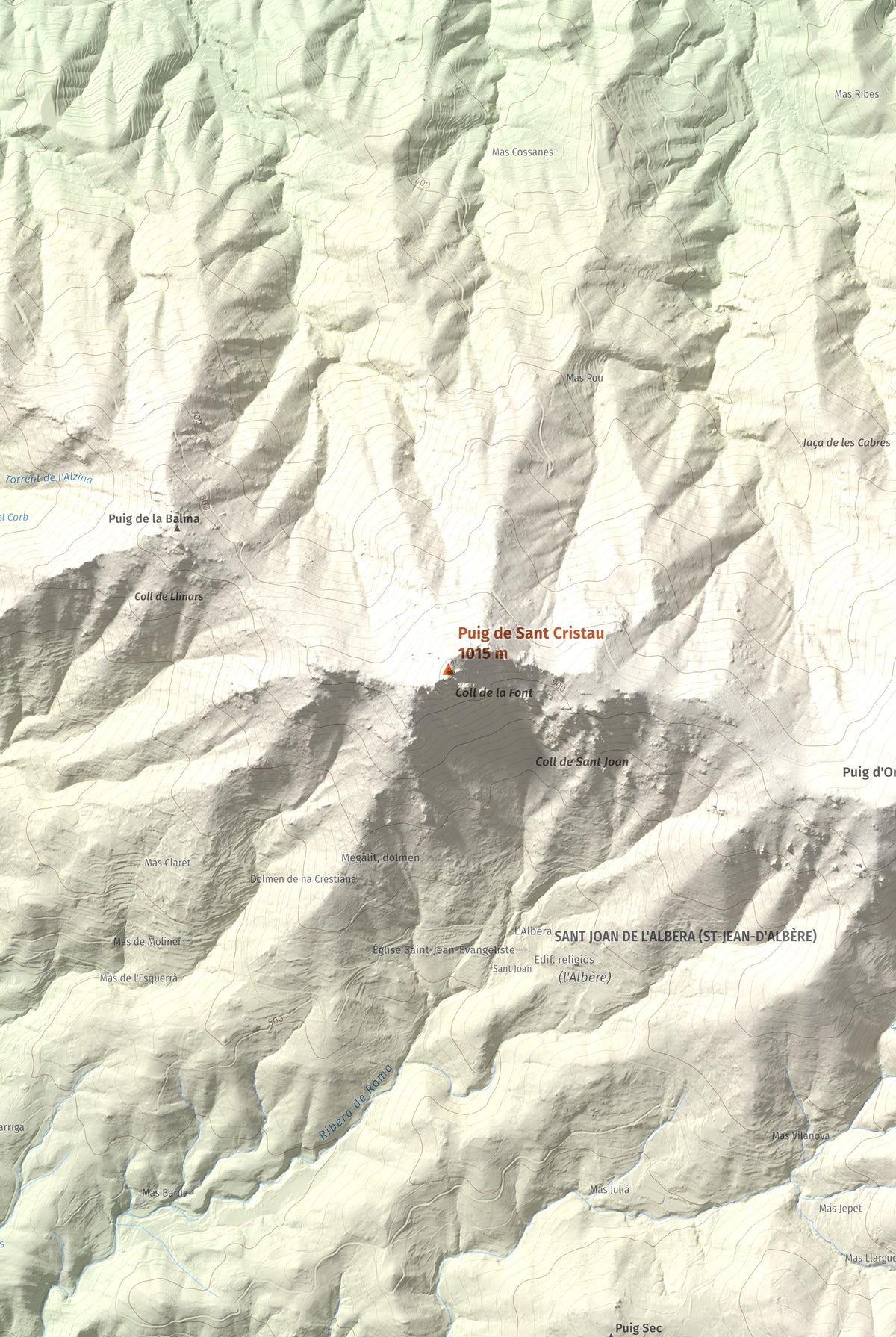 Mapa de relieve de Puig de Sant Cristau, 1015 m, Rosselló · Vallespir, lámina 100 Cims de Trobart. Detalle de la zona central. 61 × 91 cm.