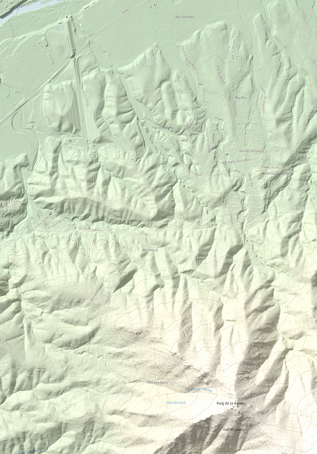 Mapa de relieve de Puig de Sant Cristau, 1015 m, Rosselló · Vallespir, lámina 100 Cims de Trobart. Detalle de la zona superior izquierda. 70 × 100 cm.