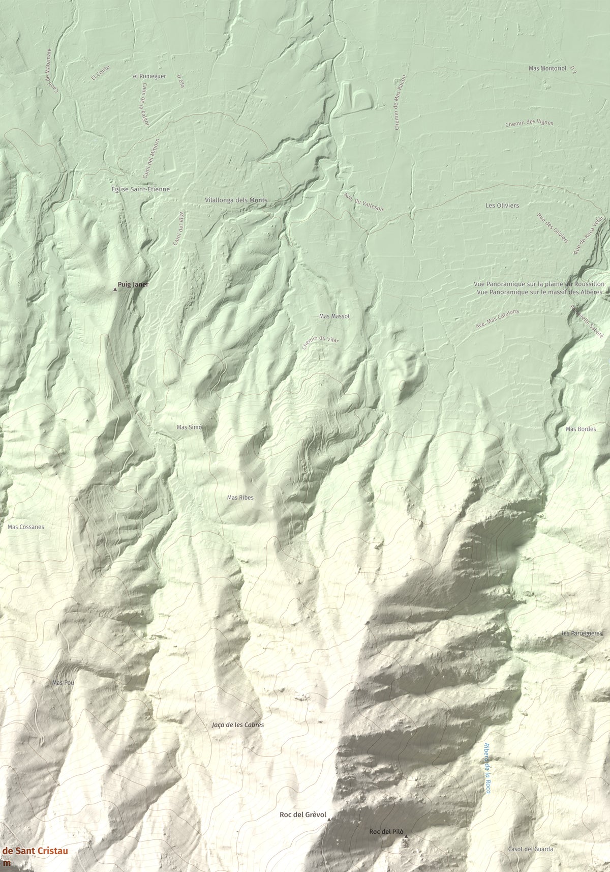 Mapa de relieve de Puig de Sant Cristau, 1015 m, Rosselló · Vallespir, lámina 100 Cims de Trobart. Detalle de la zona superior derecha. 70 × 100 cm.
