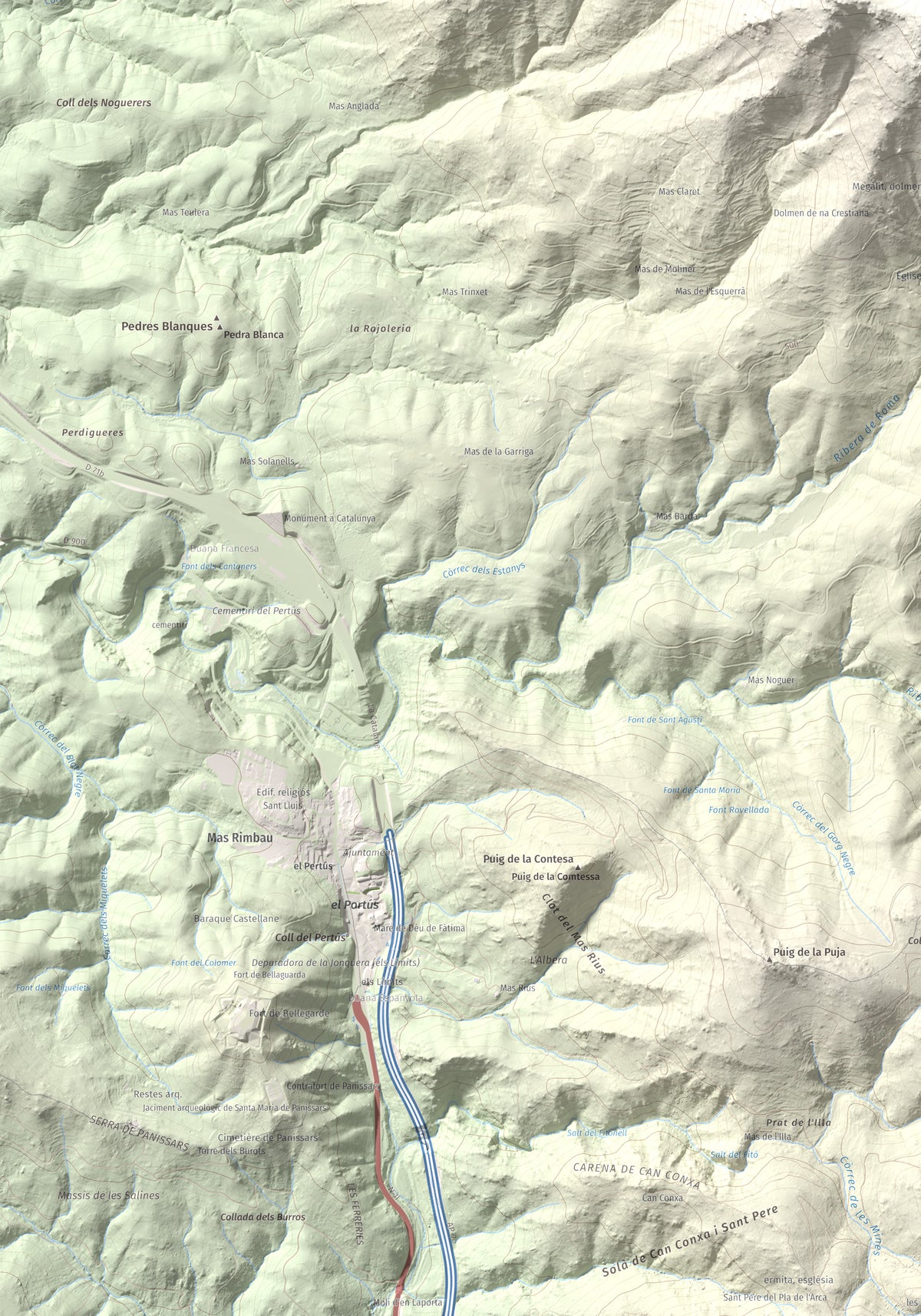 Mapa de relieve de Puig de Sant Cristau, 1015 m, Rosselló · Vallespir, lámina 100 Cims de Trobart. Detalle de la zona inferior izquierda. 70 × 100 cm.