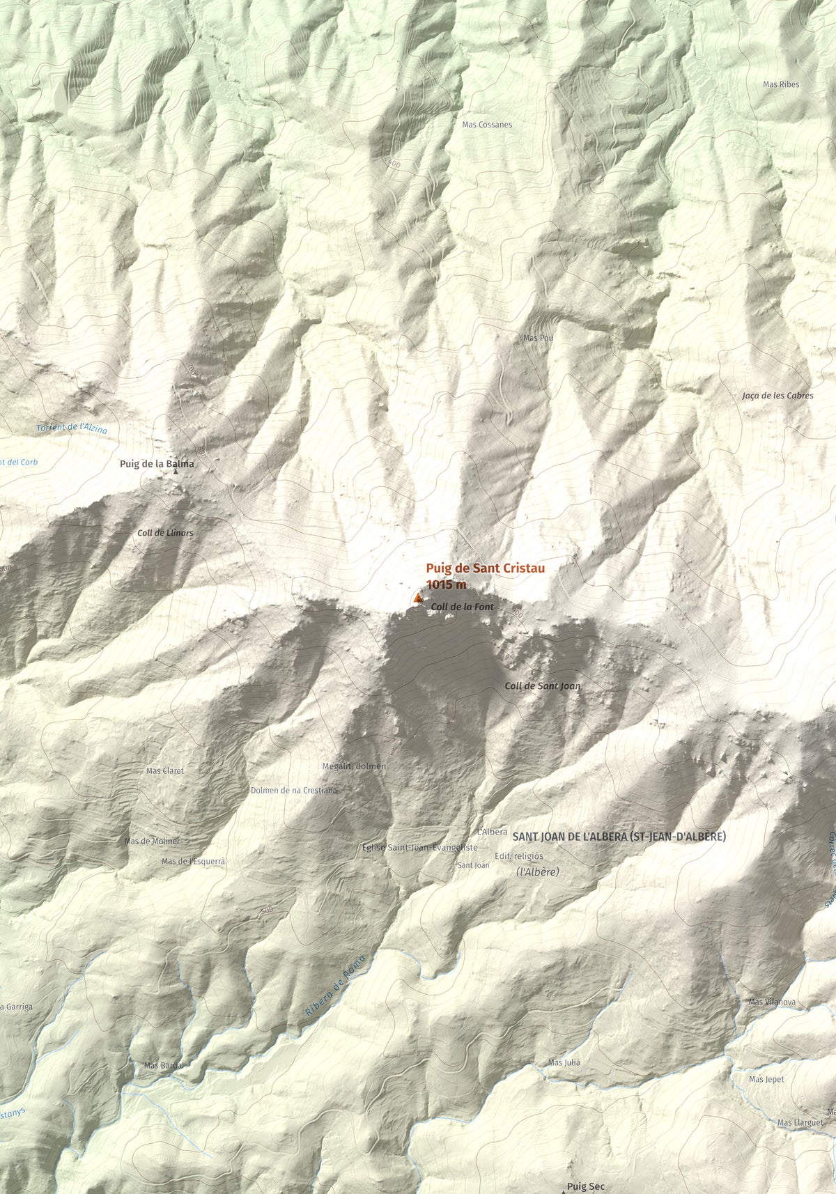 Mapa de relieve de Puig de Sant Cristau, 1015 m, Rosselló · Vallespir, lámina 100 Cims de Trobart. Detalle de la zona central. 70 × 100 cm.