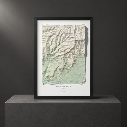 Mapa de relieve de Puig de Sant Miquel, 733 m, Anoia, lámina 100 Cims de Trobart. Presentación enmarcada. 21 × 30 cm.