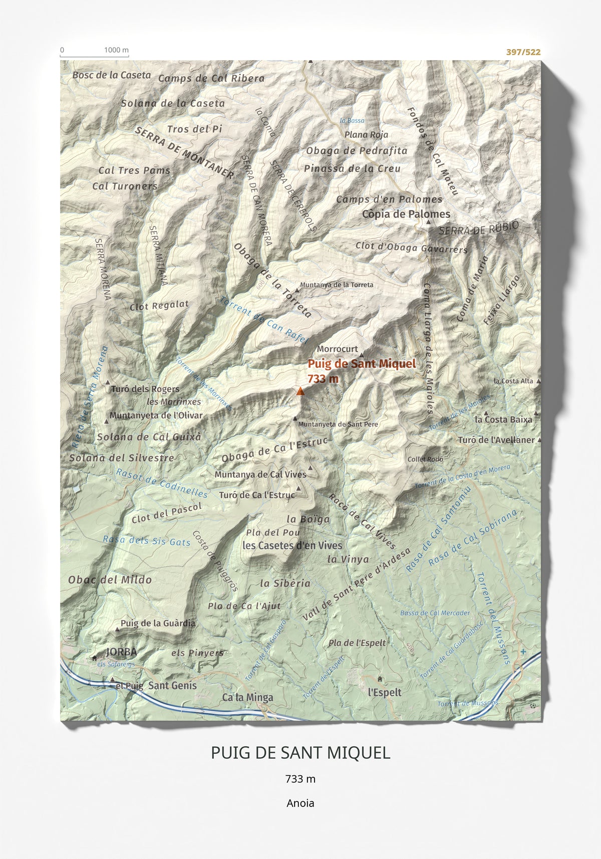 Mapa de relieve de Puig de Sant Miquel, 733 m, Anoia, lámina 100 Cims de Trobart 21 × 30 cm.