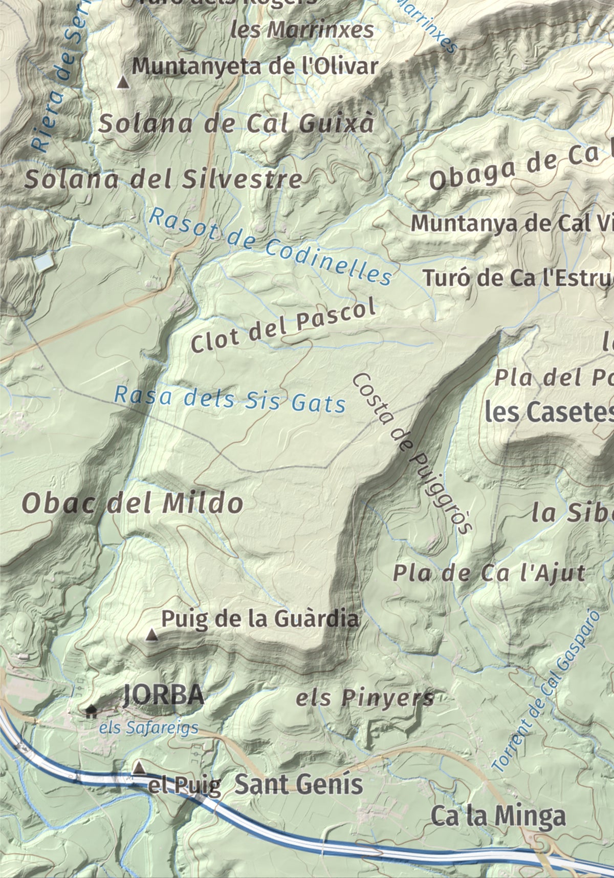 Mapa de relieve de Puig de Sant Miquel, 733 m, Anoia, lámina 100 Cims de Trobart. Detalle de la zona inferior izquierda. 21 × 30 cm.
