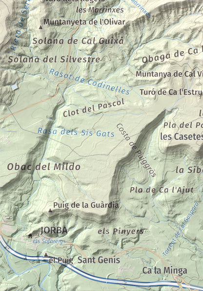 Mapa de relieve de Puig de Sant Miquel, 733 m, Anoia, lámina 100 Cims de Trobart. Detalle de la zona inferior izquierda. 21 × 30 cm.