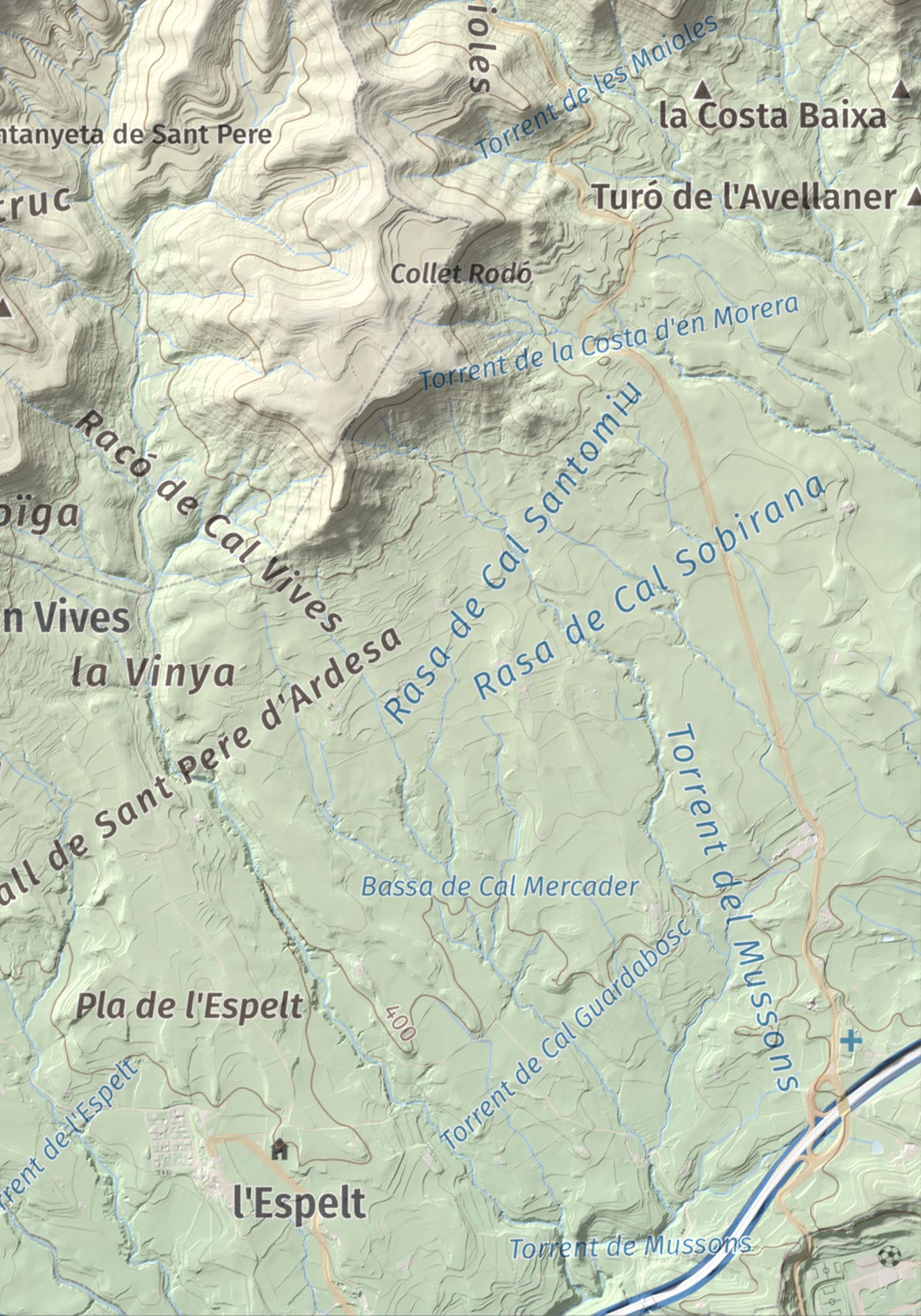 Mapa de relieve de Puig de Sant Miquel, 733 m, Anoia, lámina 100 Cims de Trobart. Detalle de la zona inferior derecha. 21 × 30 cm.