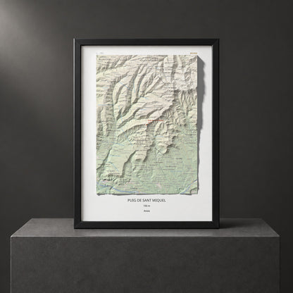 Mapa de relieve de Puig de Sant Miquel, 733 m, Anoia, lámina 100 Cims de Trobart. Presentación enmarcada. 30 × 40 cm.