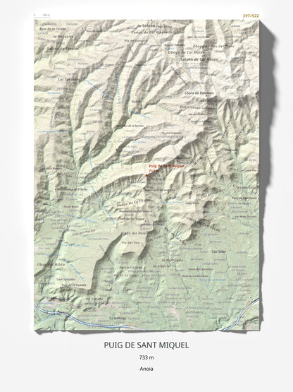 Mapa de relieve de Puig de Sant Miquel, 733 m, Anoia, lámina 100 Cims de Trobart 30 × 40 cm.