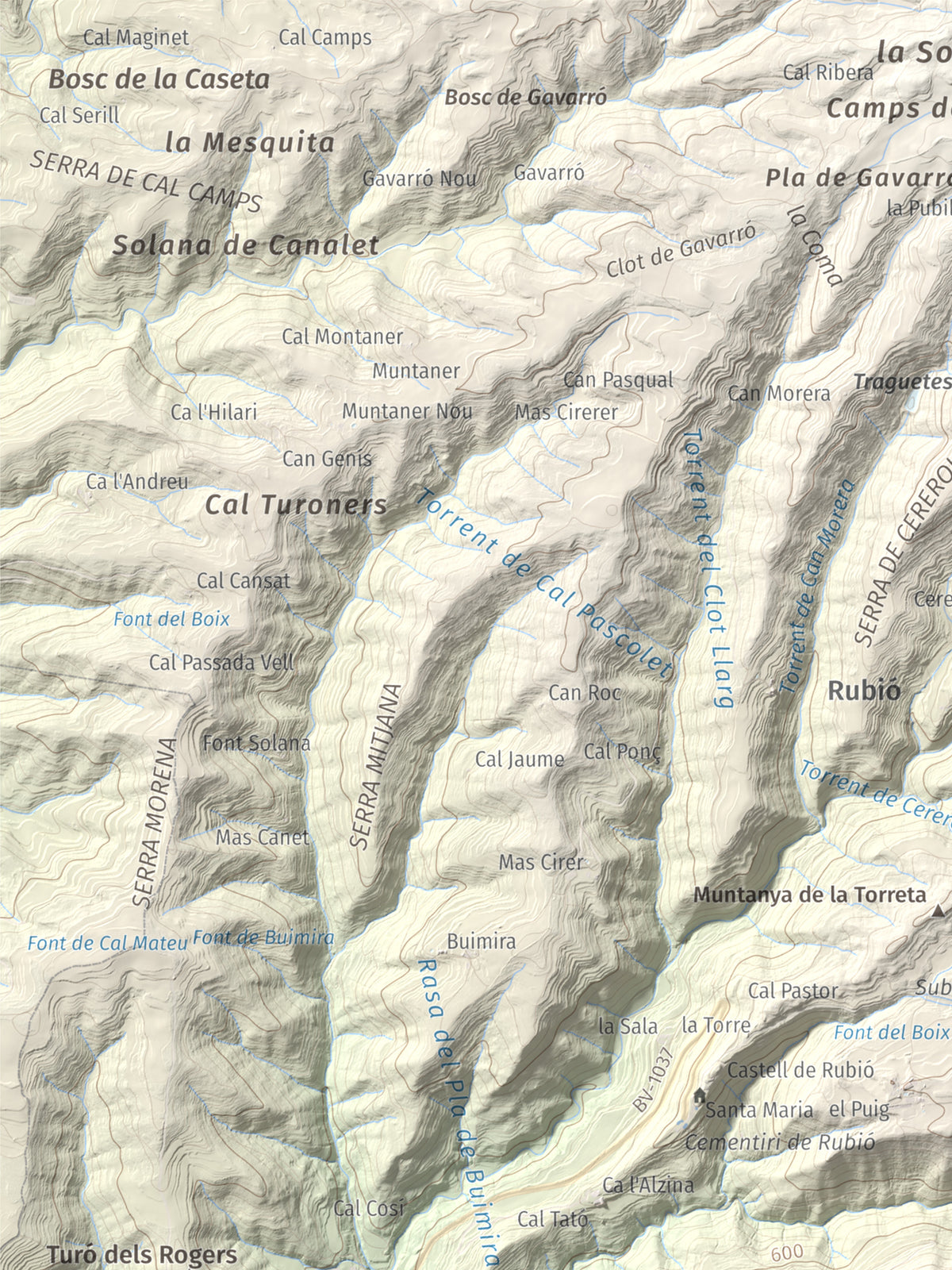 Mapa de relieve de Puig de Sant Miquel, 733 m, Anoia, lámina 100 Cims de Trobart. Detalle de la zona superior izquierda. 30 × 40 cm.