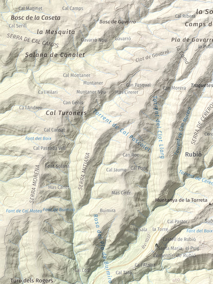 Mapa de relieve de Puig de Sant Miquel, 733 m, Anoia, lámina 100 Cims de Trobart. Detalle de la zona superior izquierda. 30 × 40 cm.