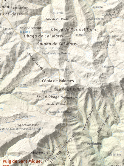 Mapa de relieve de Puig de Sant Miquel, 733 m, Anoia, lámina 100 Cims de Trobart. Detalle de la zona superior derecha. 30 × 40 cm.