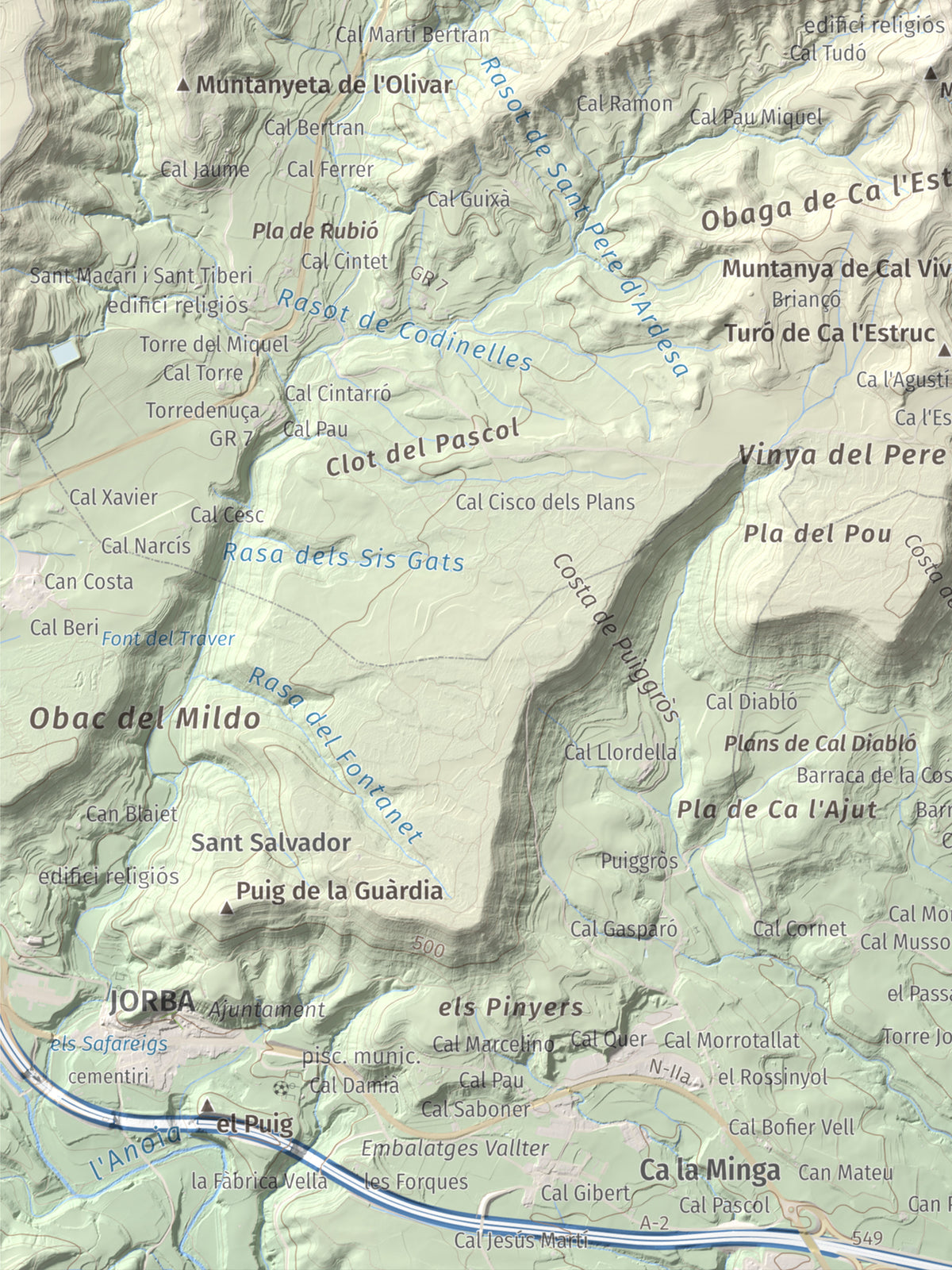 Mapa de relieve de Puig de Sant Miquel, 733 m, Anoia, lámina 100 Cims de Trobart. Detalle de la zona inferior izquierda. 30 × 40 cm.
