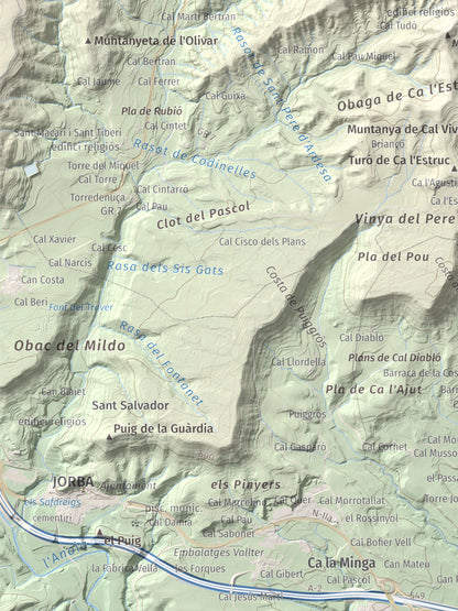 Mapa de relieve de Puig de Sant Miquel, 733 m, Anoia, lámina 100 Cims de Trobart. Detalle de la zona inferior izquierda. 30 × 40 cm.