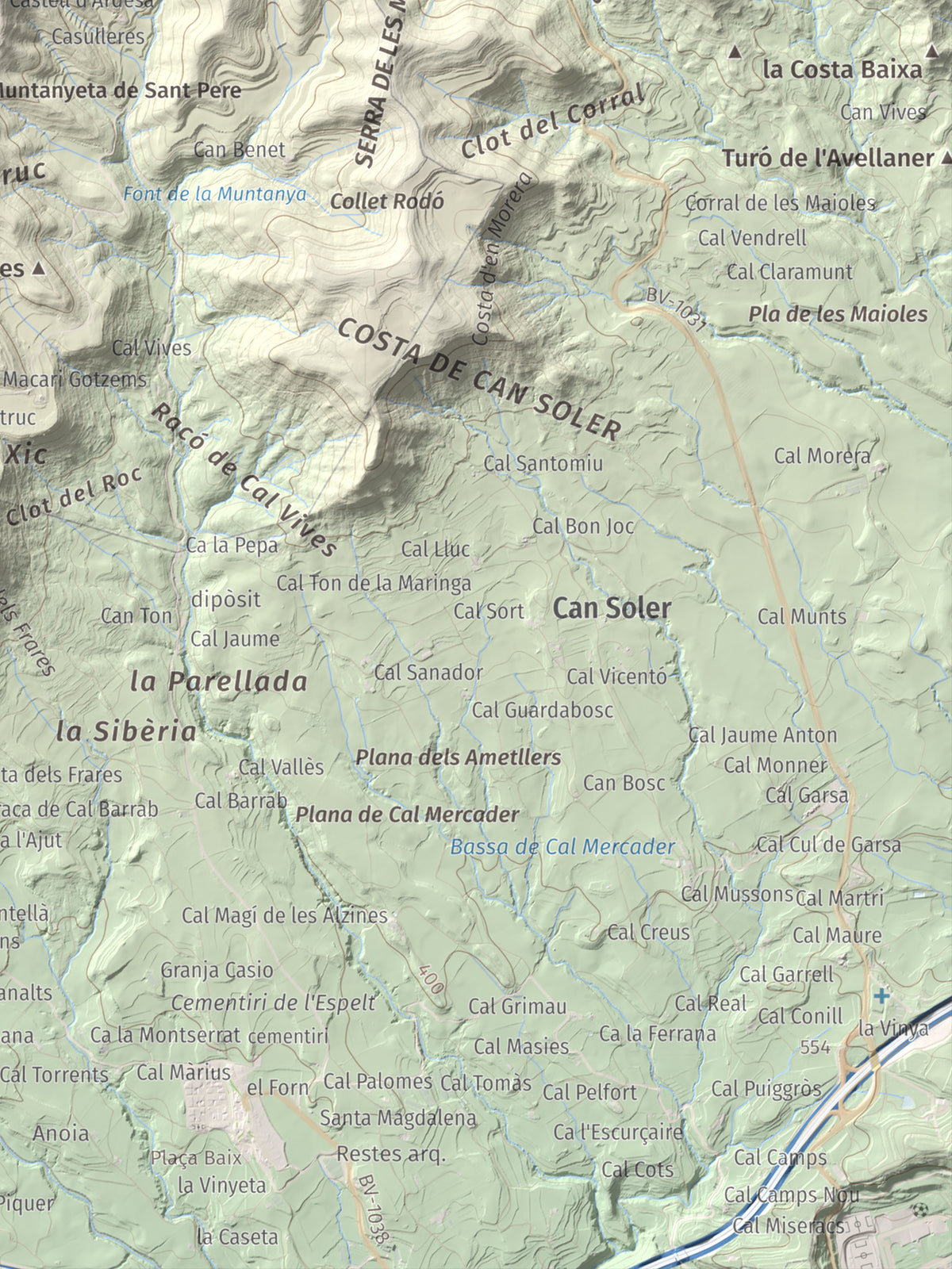 Mapa de relieve de Puig de Sant Miquel, 733 m, Anoia, lámina 100 Cims de Trobart. Detalle de la zona inferior derecha. 30 × 40 cm.