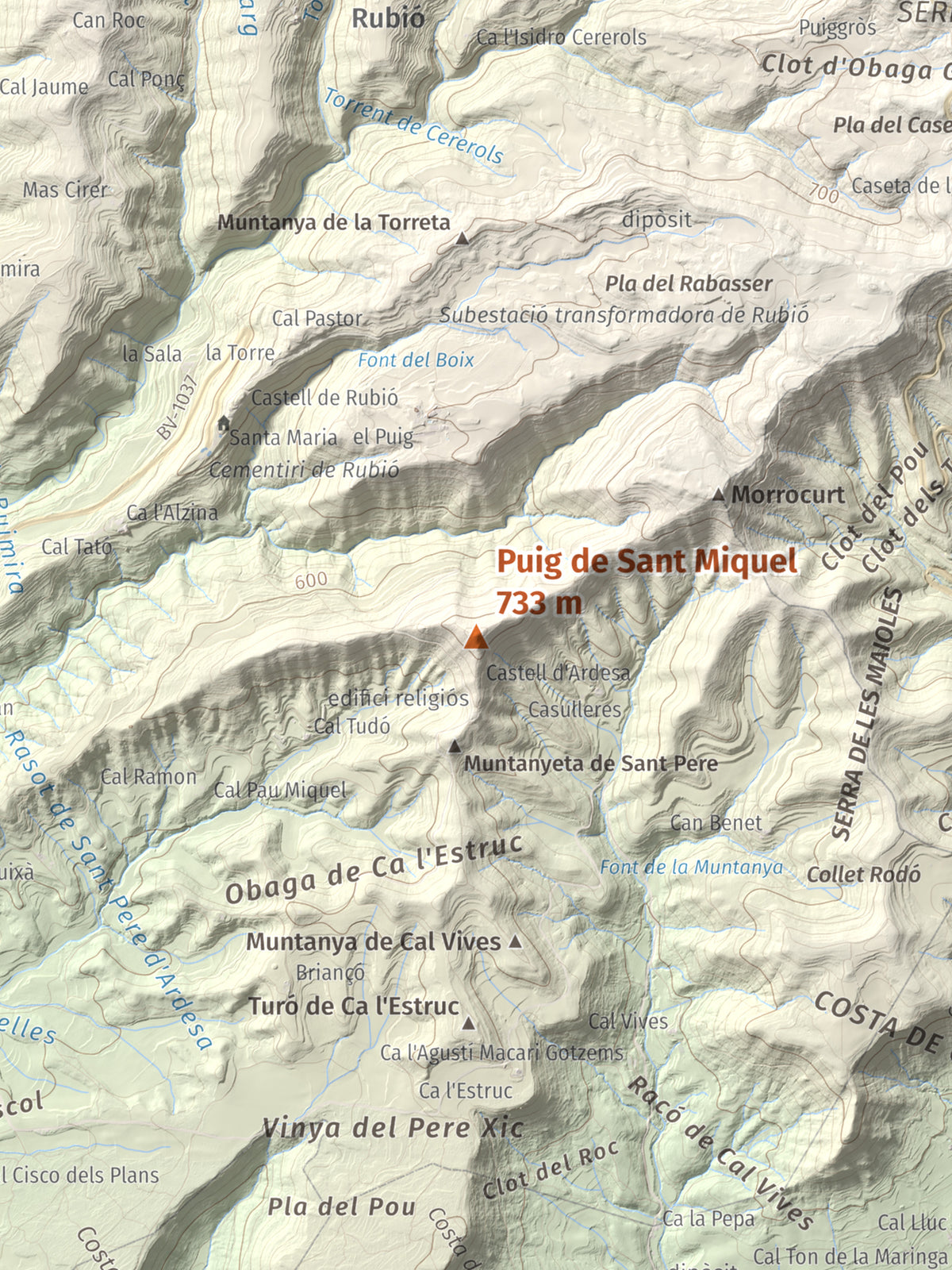 Mapa de relieve de Puig de Sant Miquel, 733 m, Anoia, lámina 100 Cims de Trobart. Detalle de la zona central. 30 × 40 cm.