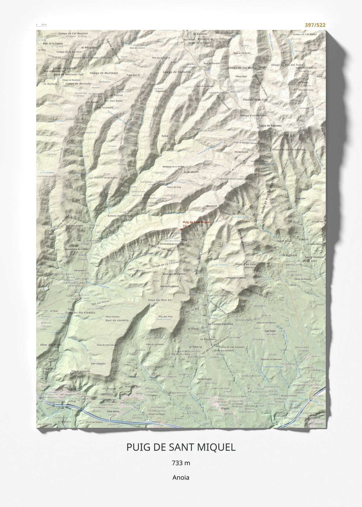 Mapa de relieve de Puig de Sant Miquel, 733 m, Anoia, lámina 100 Cims de Trobart 50 × 70 cm.