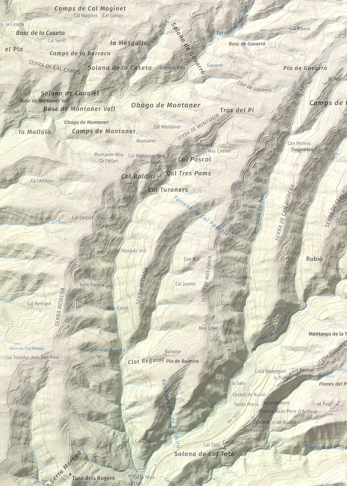 Mapa de relieve de Puig de Sant Miquel, 733 m, Anoia, lámina 100 Cims de Trobart. Detalle de la zona superior izquierda. 50 × 70 cm.