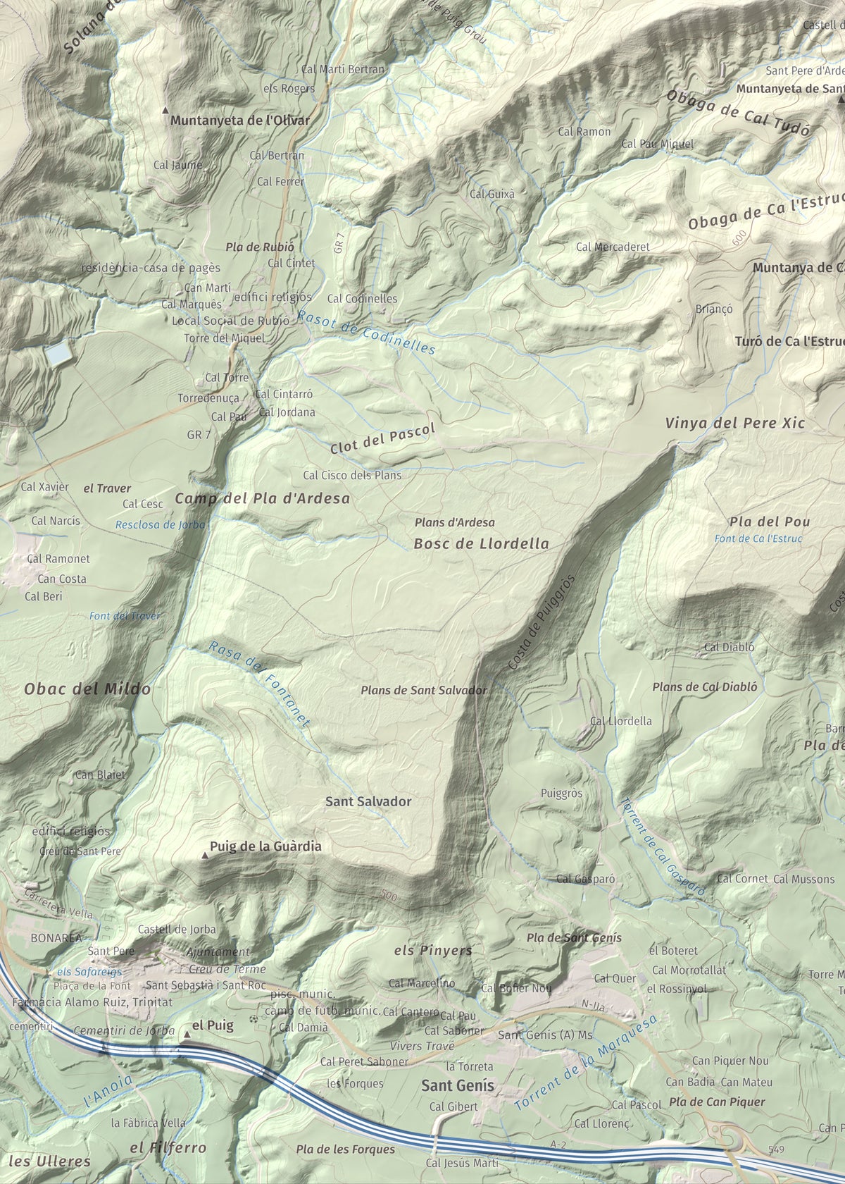 Mapa de relieve de Puig de Sant Miquel, 733 m, Anoia, lámina 100 Cims de Trobart. Detalle de la zona inferior izquierda. 50 × 70 cm.