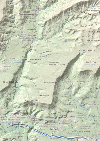 Mapa de relieve de Puig de Sant Miquel, 733 m, Anoia, lámina 100 Cims de Trobart. Detalle de la zona inferior izquierda. 50 × 70 cm.
