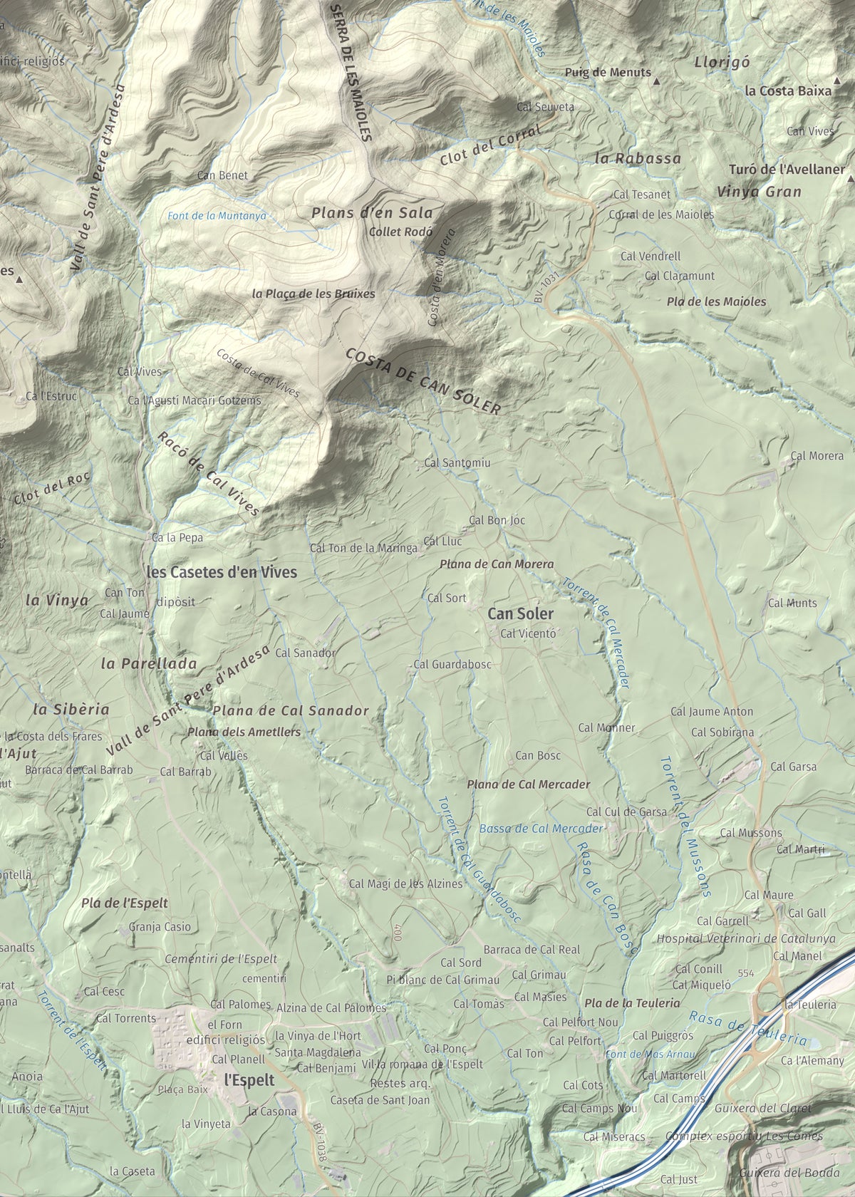 Mapa de relieve de Puig de Sant Miquel, 733 m, Anoia, lámina 100 Cims de Trobart. Detalle de la zona inferior derecha. 50 × 70 cm.