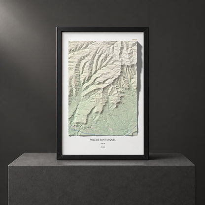 Mapa de relieve de Puig de Sant Miquel, 733 m, Anoia, lámina 100 Cims de Trobart. Presentación enmarcada. 61 × 91 cm.