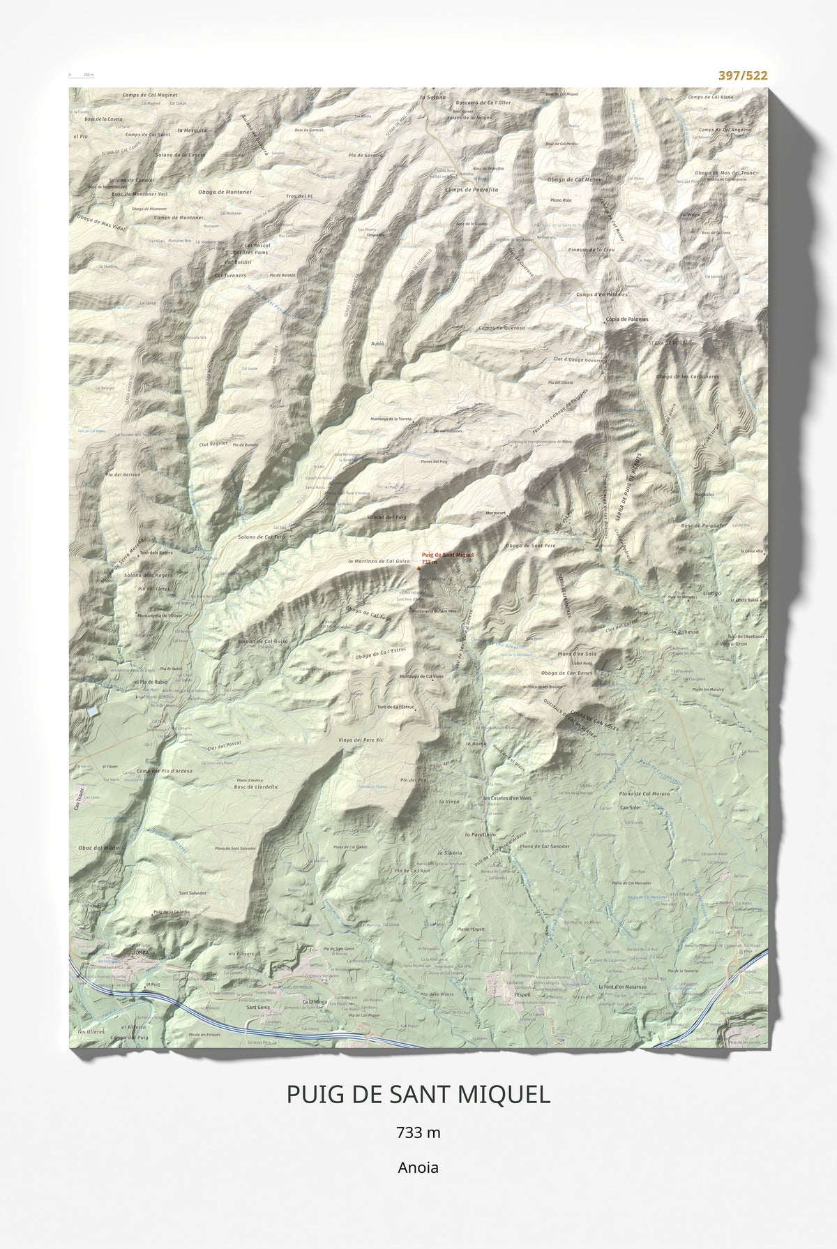 Mapa de relieve de Puig de Sant Miquel, 733 m, Anoia, lámina 100 Cims de Trobart 61 × 91 cm.