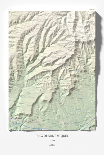 Mapa de relieve de Puig de Sant Miquel, 733 m, Anoia, lámina 100 Cims de Trobart 61 × 91 cm.