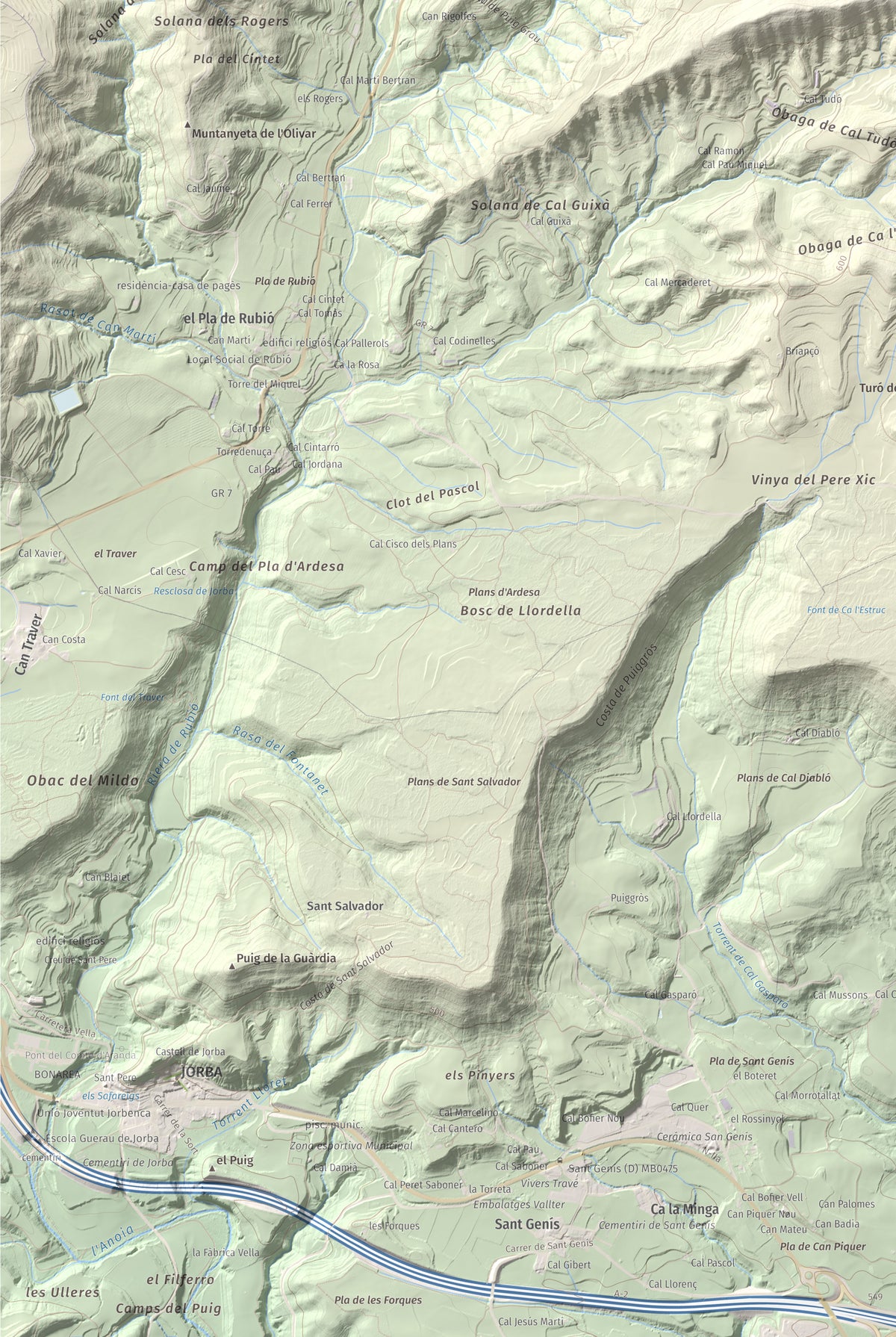 Mapa de relieve de Puig de Sant Miquel, 733 m, Anoia, lámina 100 Cims de Trobart. Detalle de la zona inferior izquierda. 61 × 91 cm.
