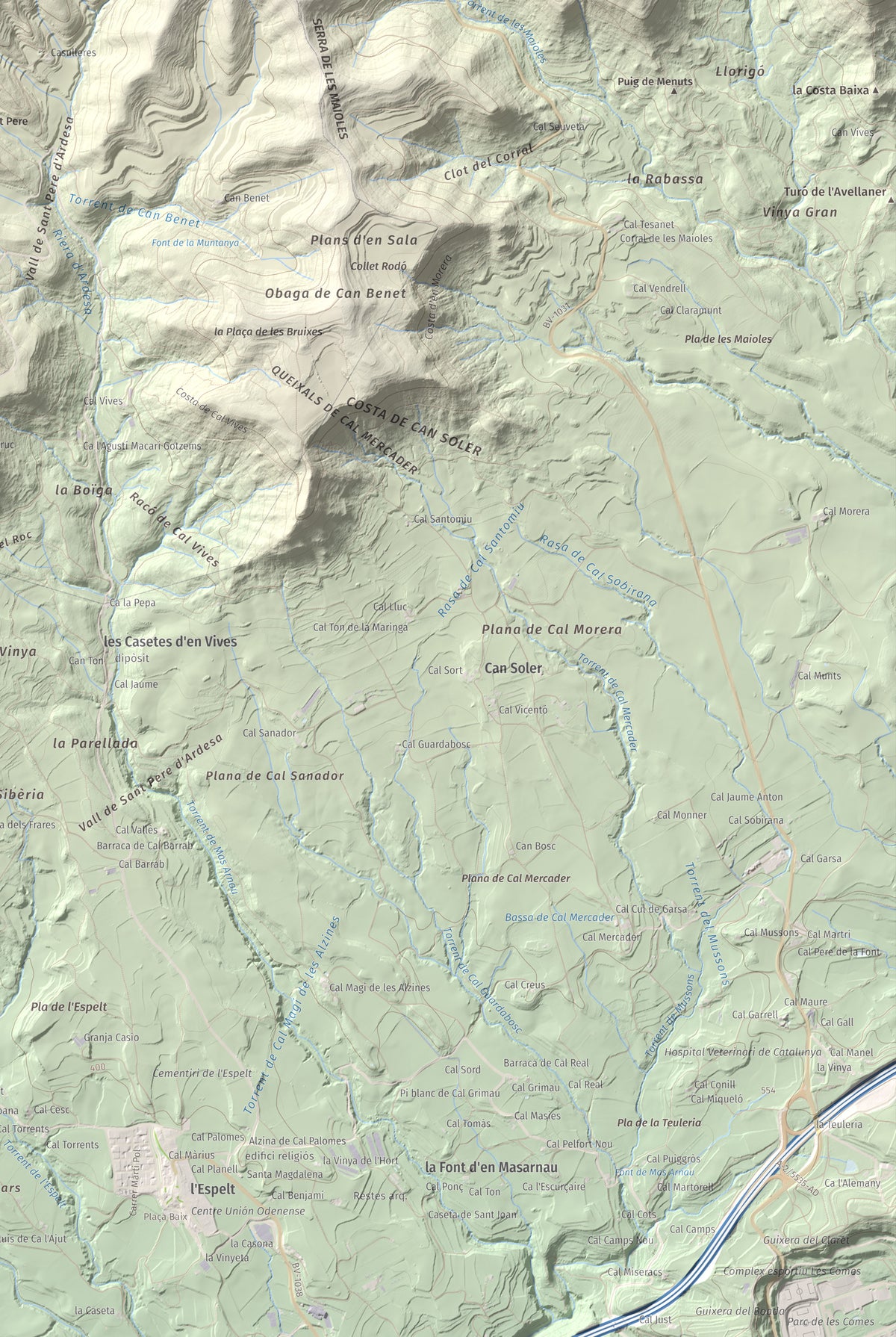 Mapa de relieve de Puig de Sant Miquel, 733 m, Anoia, lámina 100 Cims de Trobart. Detalle de la zona inferior derecha. 61 × 91 cm.